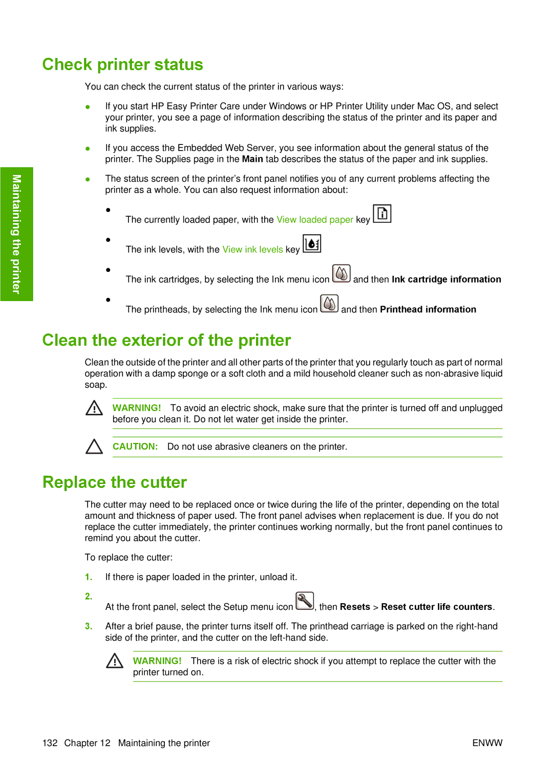 HP T1100 manual Check printer status, Clean the exterior of the printer, Replace the cutter 