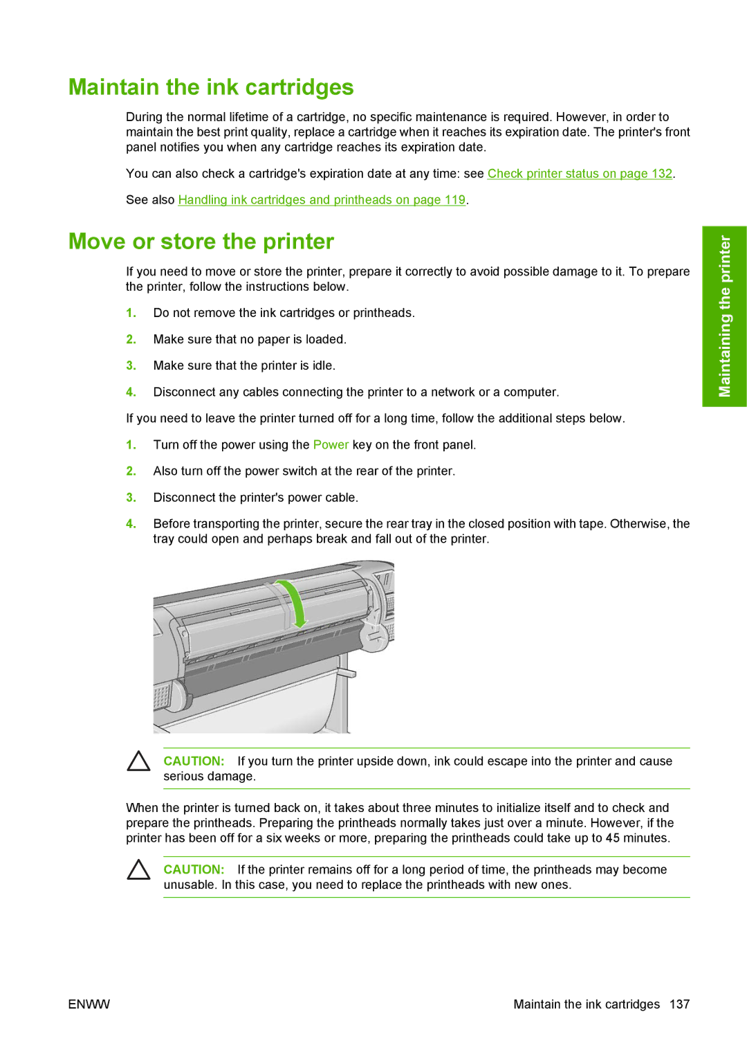 HP T1100 manual Maintain the ink cartridges, Move or store the printer 