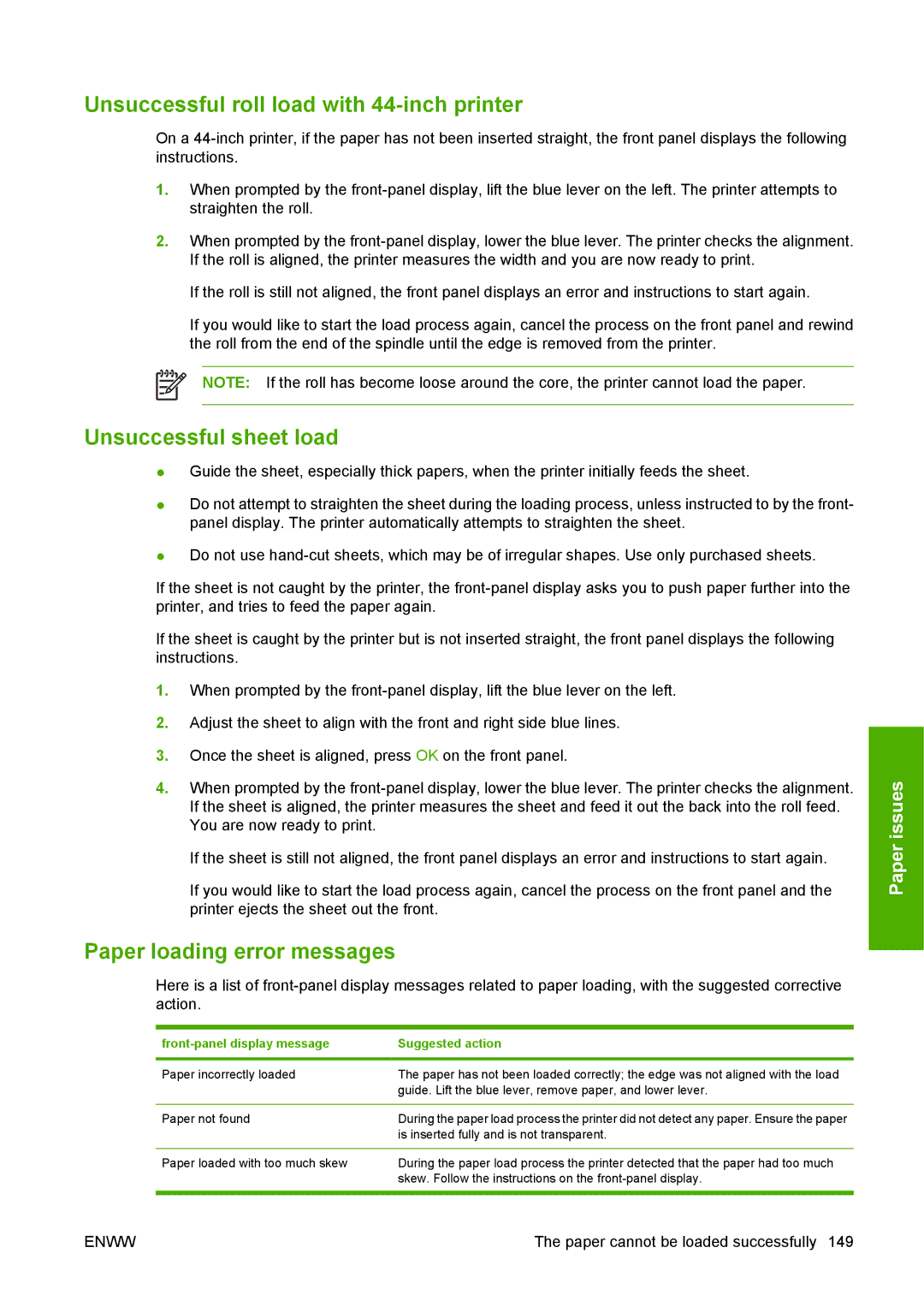 HP T1100 manual Unsuccessful roll load with 44-inch printer, Unsuccessful sheet load, Paper loading error messages 