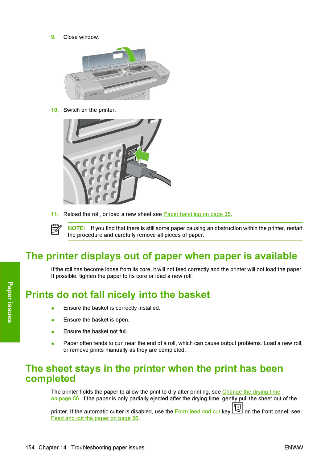 HP T1100 manual Printer displays out of paper when paper is available, Prints do not fall nicely into the basket 