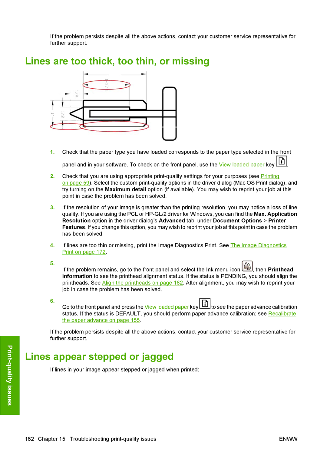 HP T1100 manual Lines are too thick, too thin, or missing, Lines appear stepped or jagged 