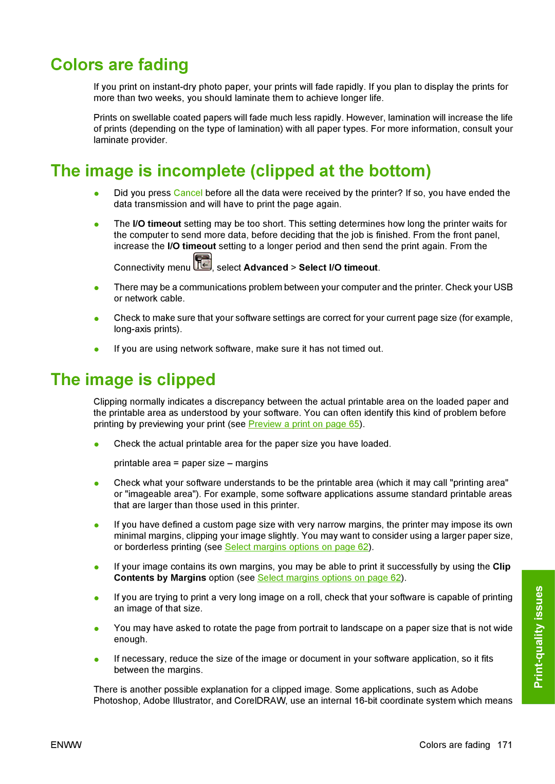 HP T1100 manual Colors are fading, Image is incomplete clipped at the bottom, Image is clipped 