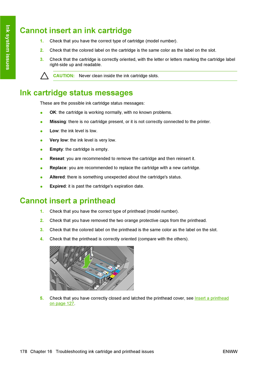 HP T1100 manual Cannot insert an ink cartridge, Ink cartridge status messages, Cannot insert a printhead 