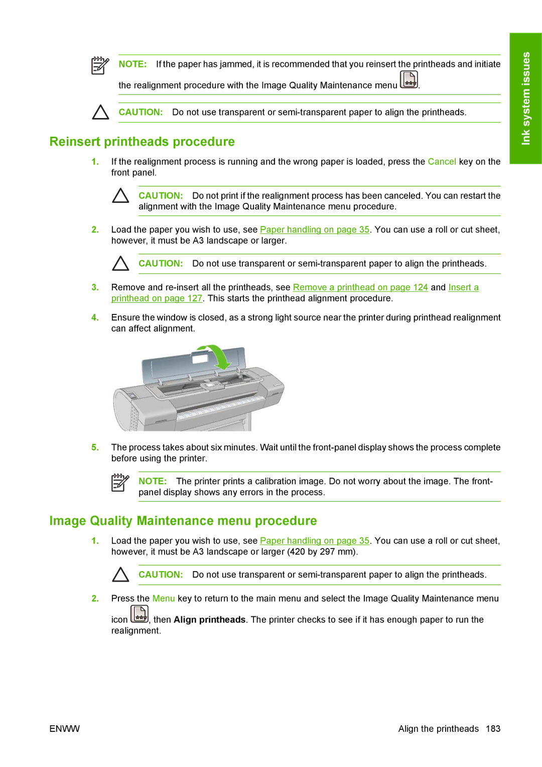 HP T1100 manual Reinsert printheads procedure, Image Quality Maintenance menu procedure 