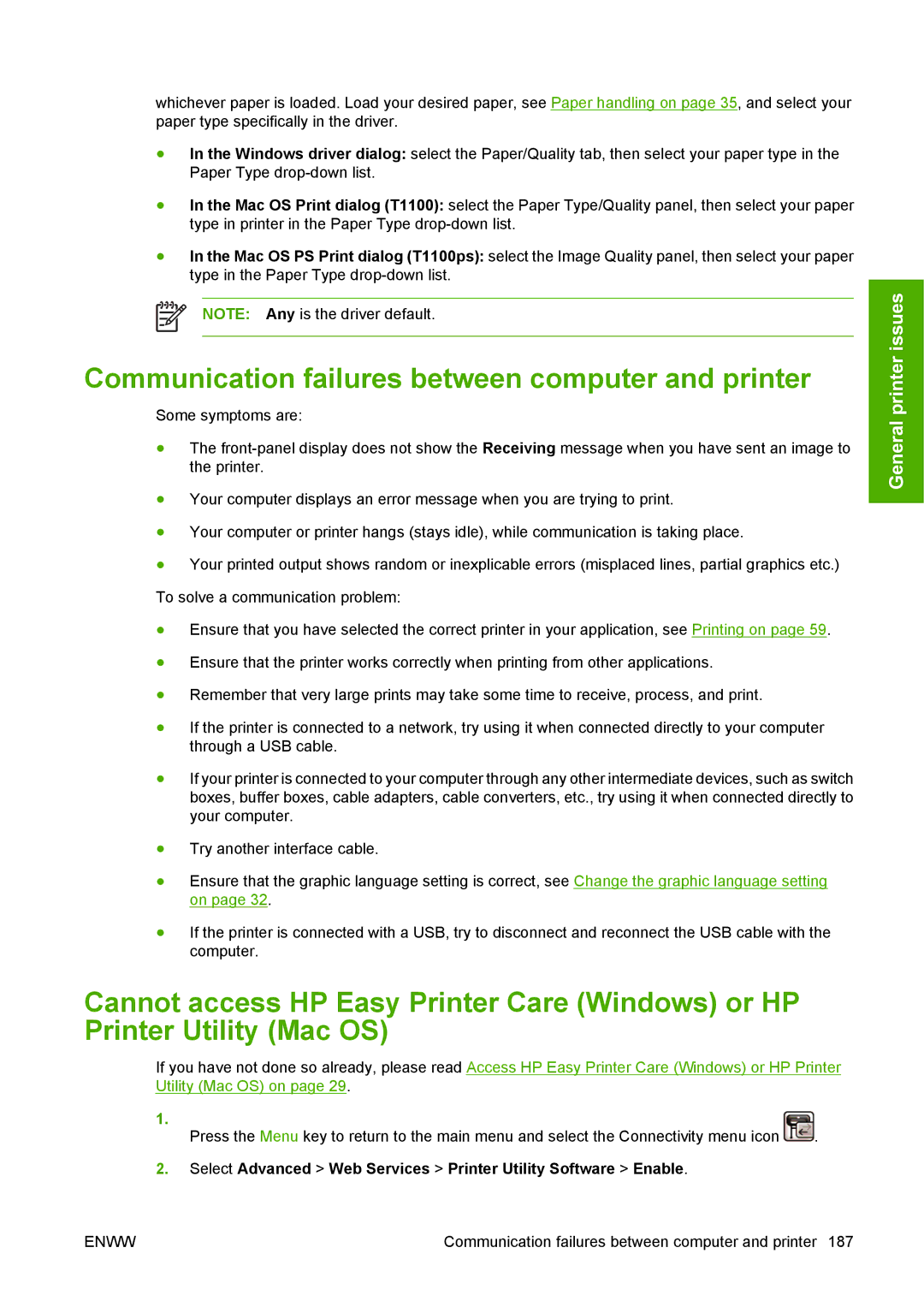 HP T1100 manual Communication failures between computer and printer 