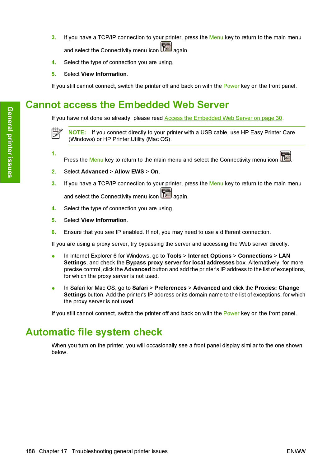 HP T1100 manual Cannot access the Embedded Web Server, Automatic file system check 