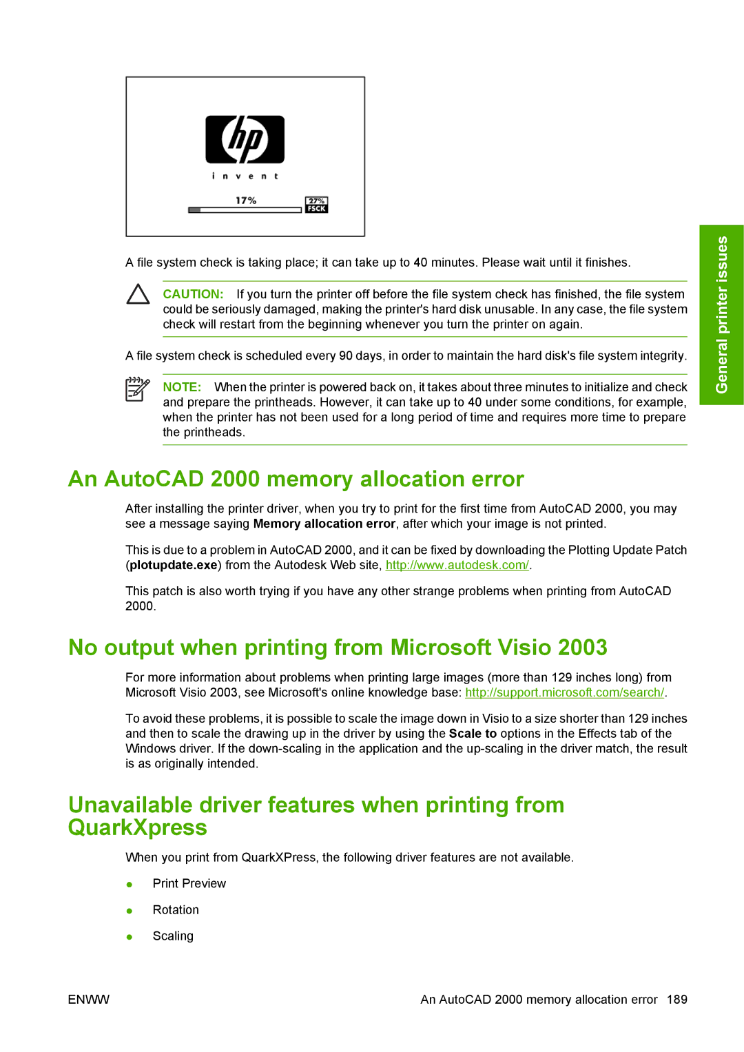 HP T1100 manual An AutoCAD 2000 memory allocation error, No output when printing from Microsoft Visio 