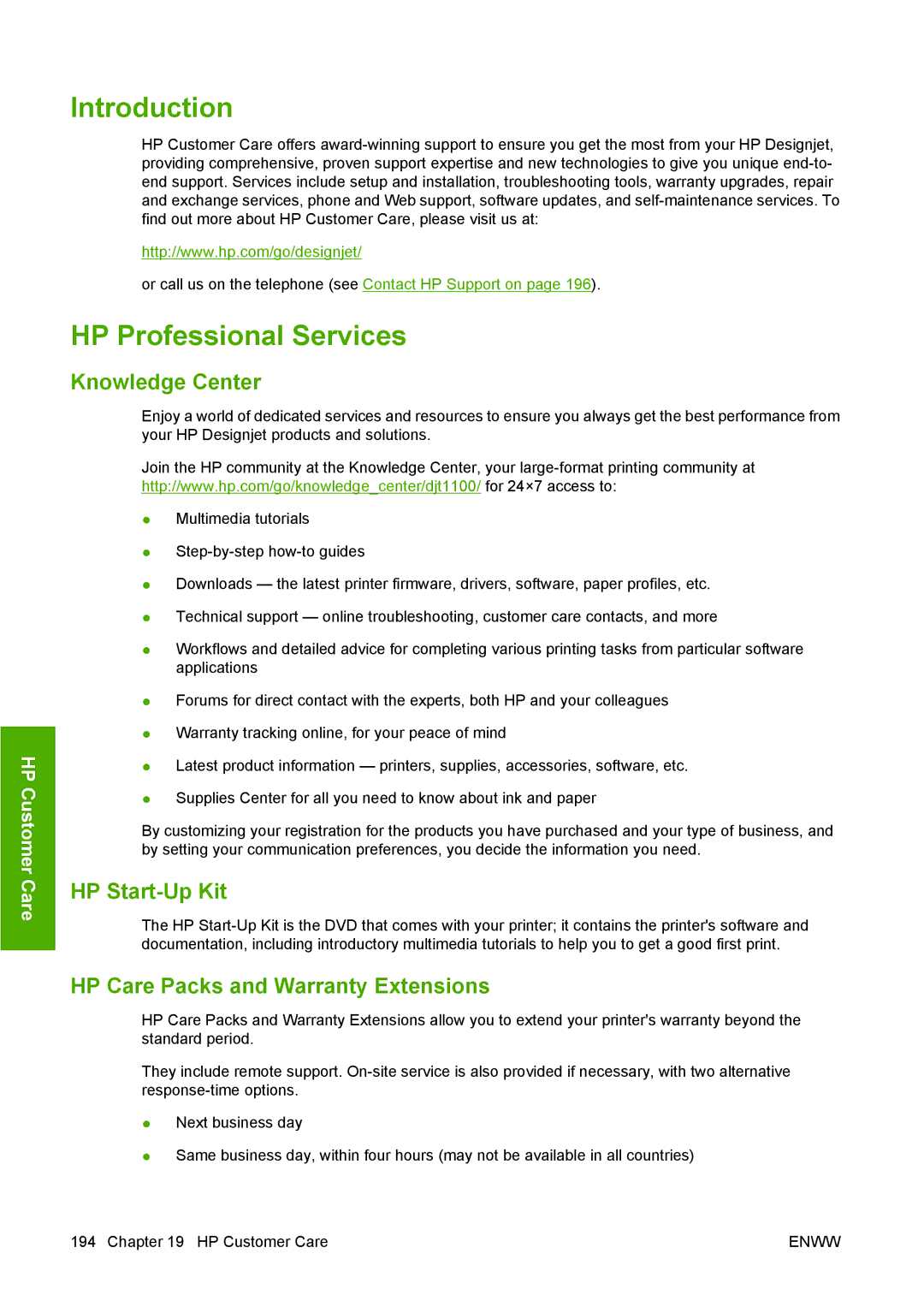 HP T1100 manual HP Professional Services, Knowledge Center, HP Start-Up Kit, HP Care Packs and Warranty Extensions 