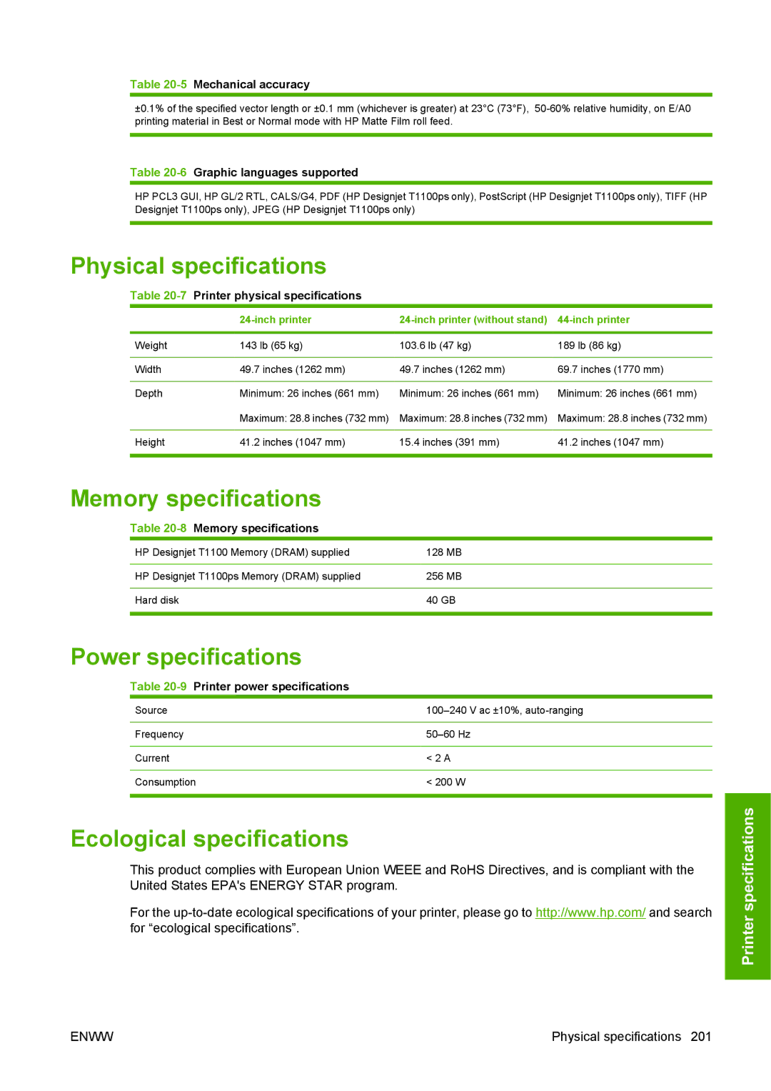 HP T1100 manual Physical specifications, Memory specifications, Power specifications, Ecological specifications 