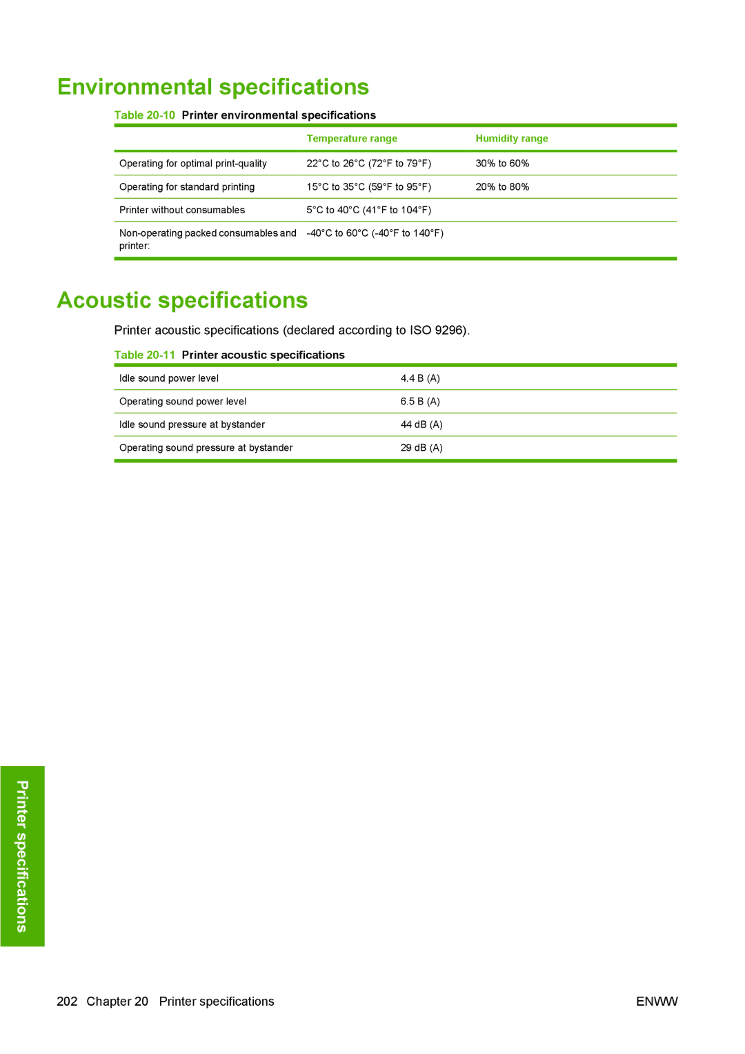 HP T1100 manual Environmental specifications, Acoustic specifications 