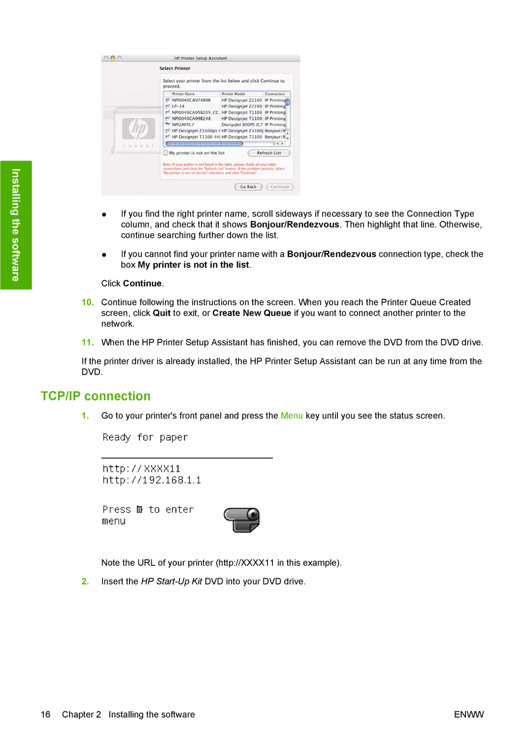 HP T1100 manual TCP/IP connection, Click Continue 