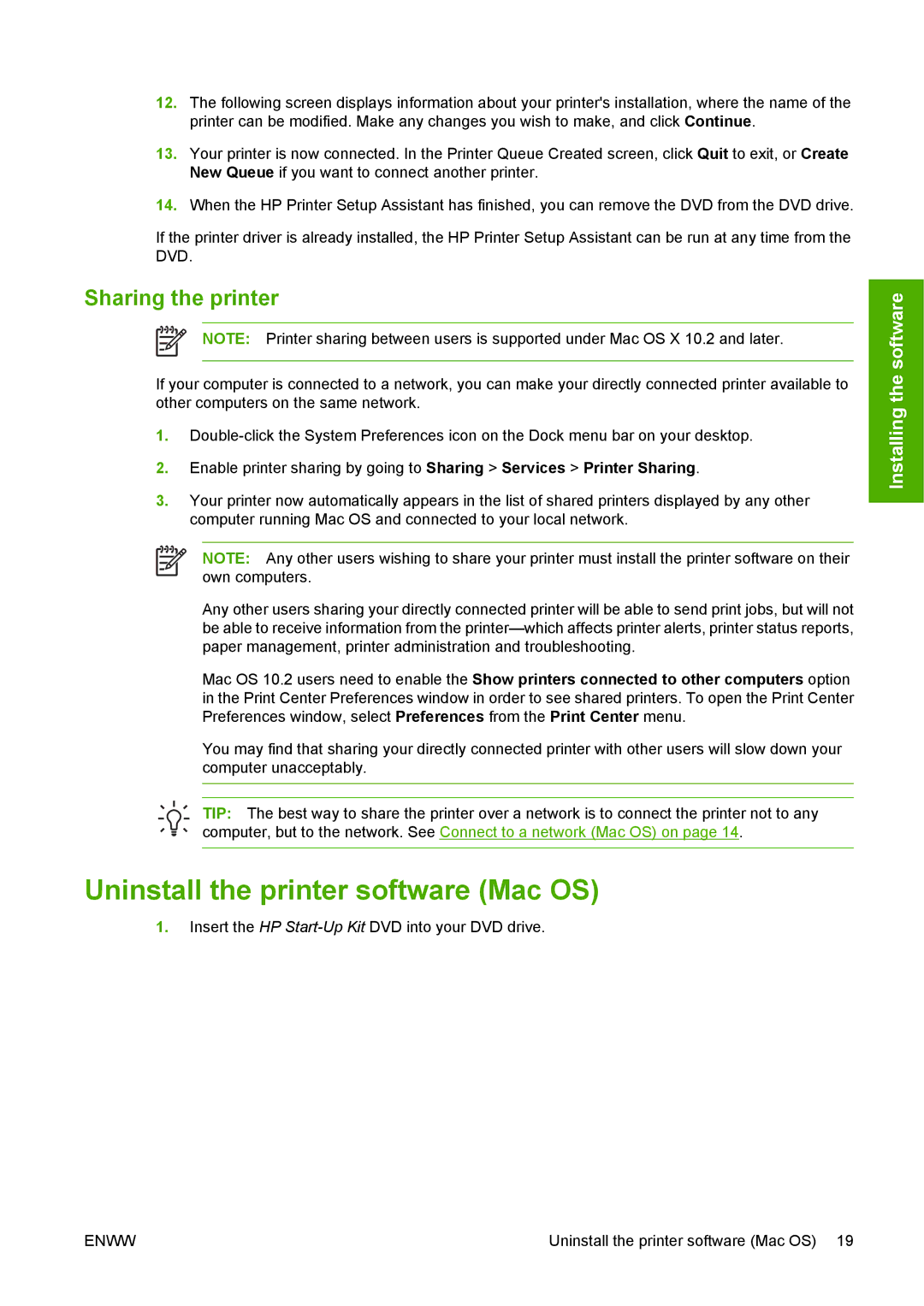 HP T1100 manual Uninstall the printer software Mac OS, Sharing the printer 