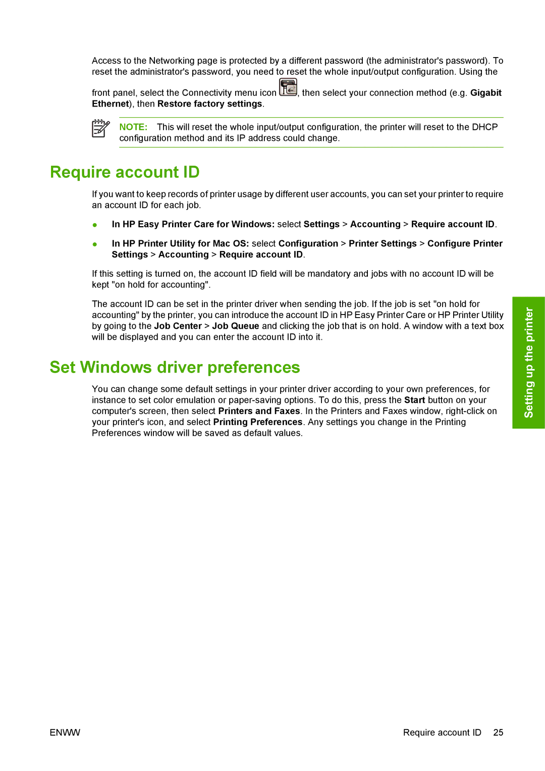 HP T1100 manual Require account ID, Set Windows driver preferences 