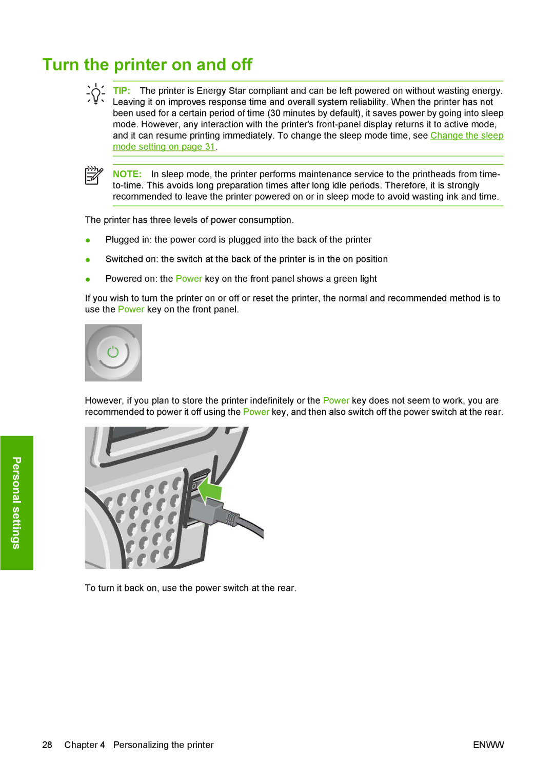 HP T1100 manual Turn the printer on and off 