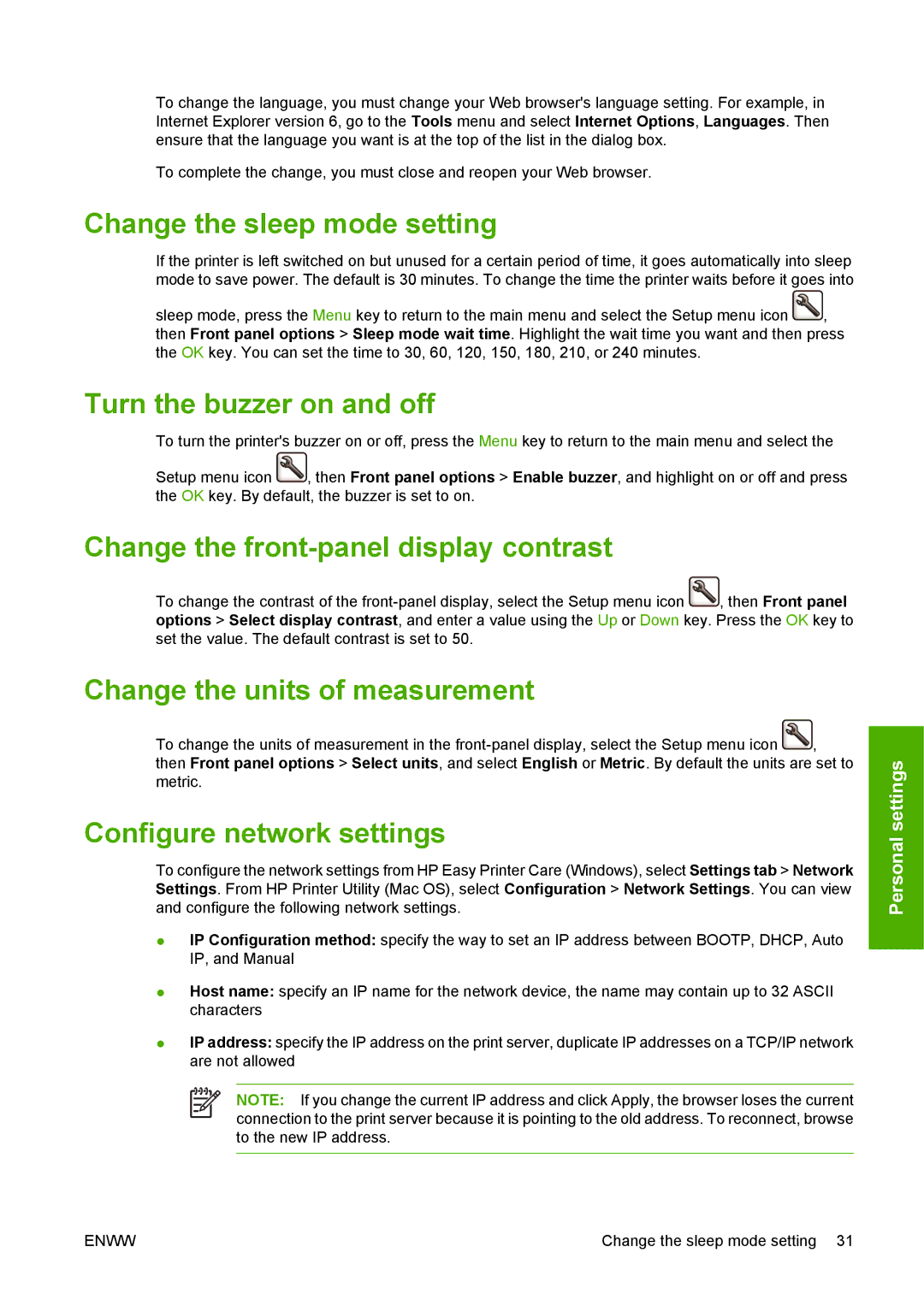 HP T1100 manual Change the sleep mode setting, Turn the buzzer on and off, Change the front-panel display contrast 