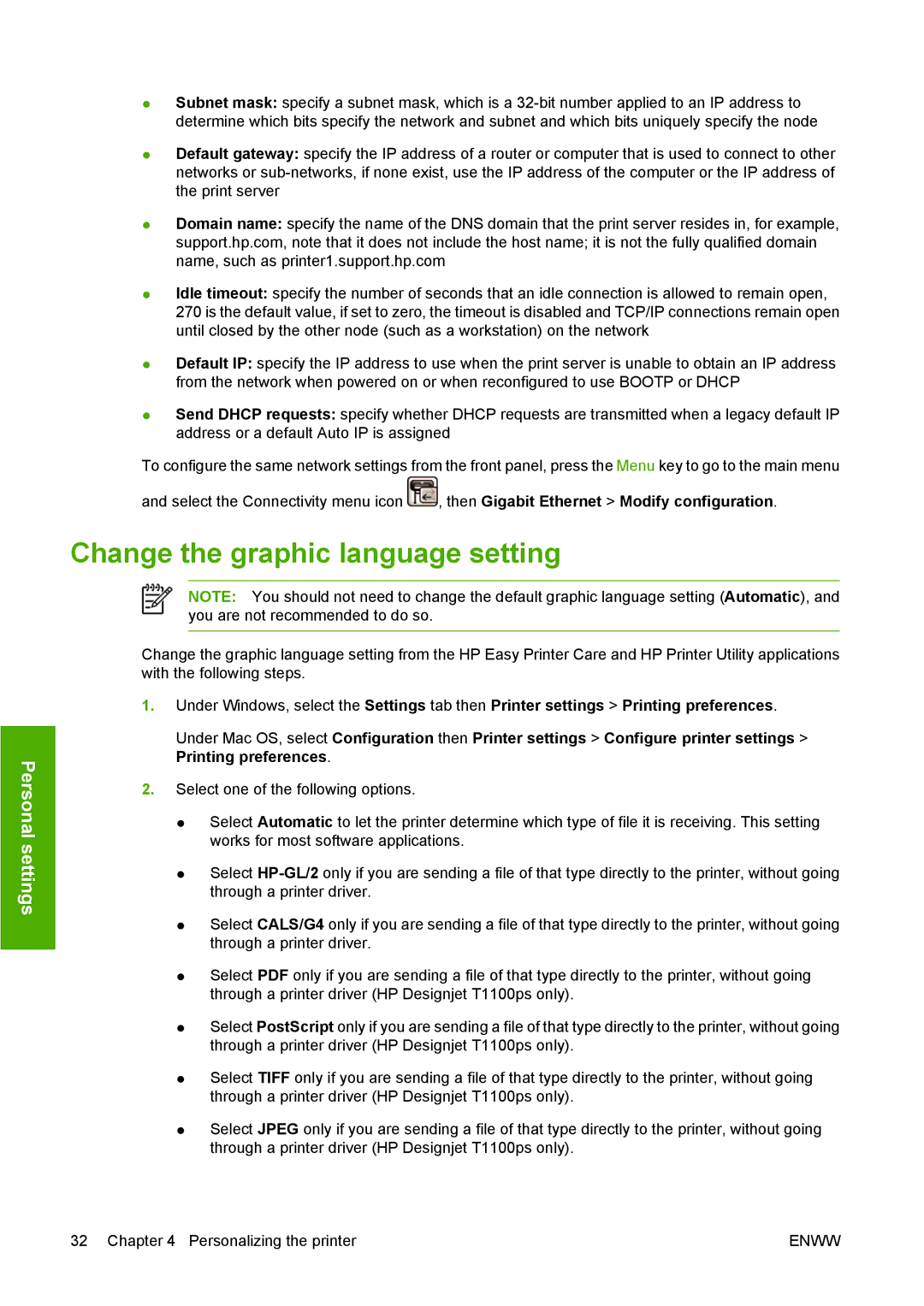 HP T1100 manual Change the graphic language setting 