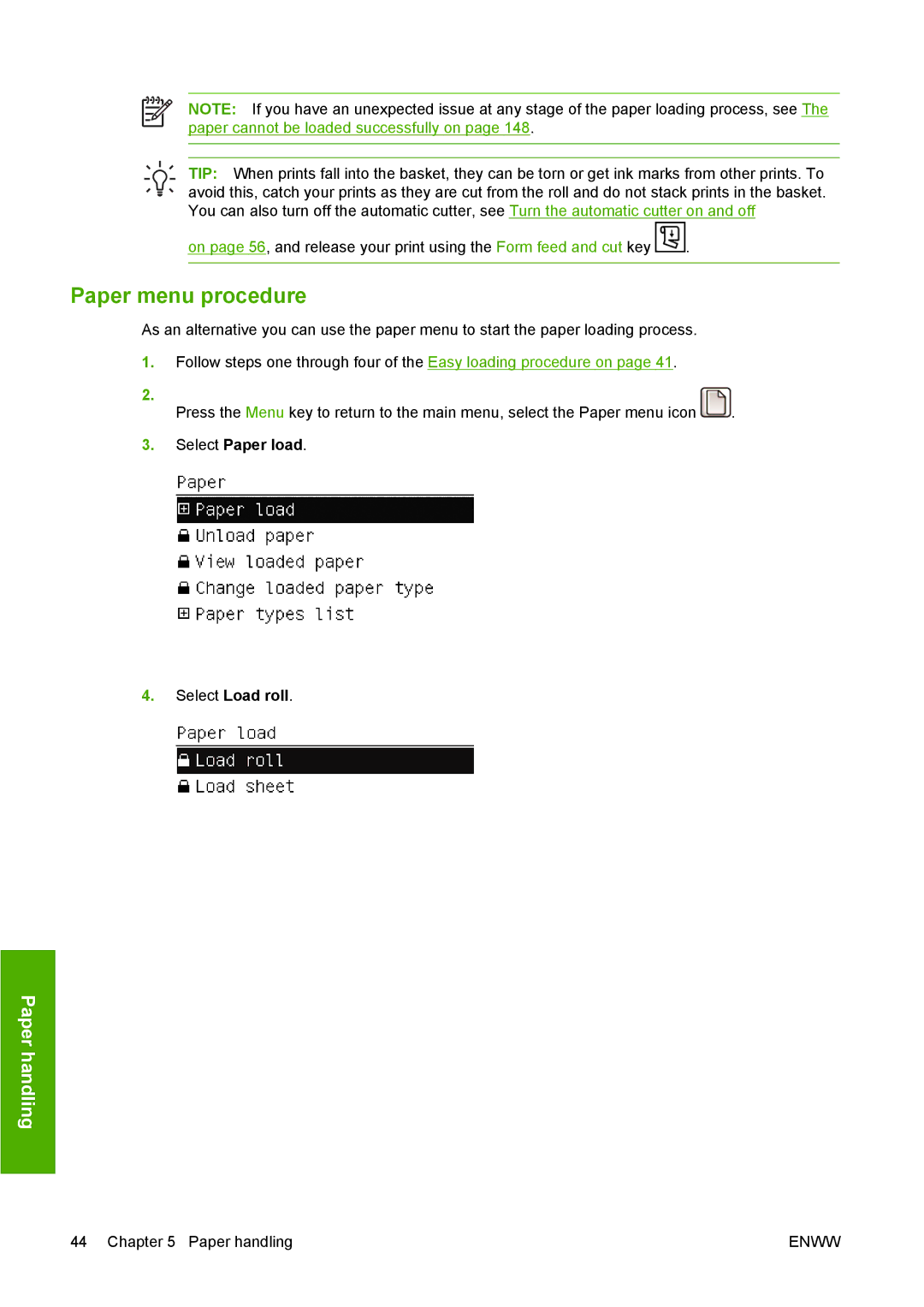 HP T1100 manual Paper menu procedure 