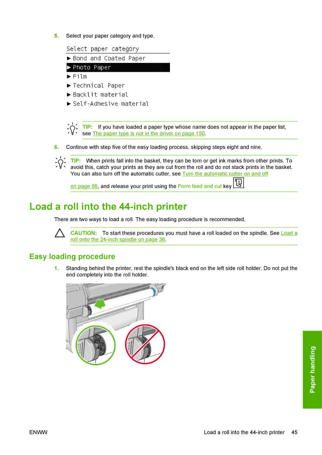 HP T1100 manual Load a roll into the 44-inch printer, Easy loading procedure 