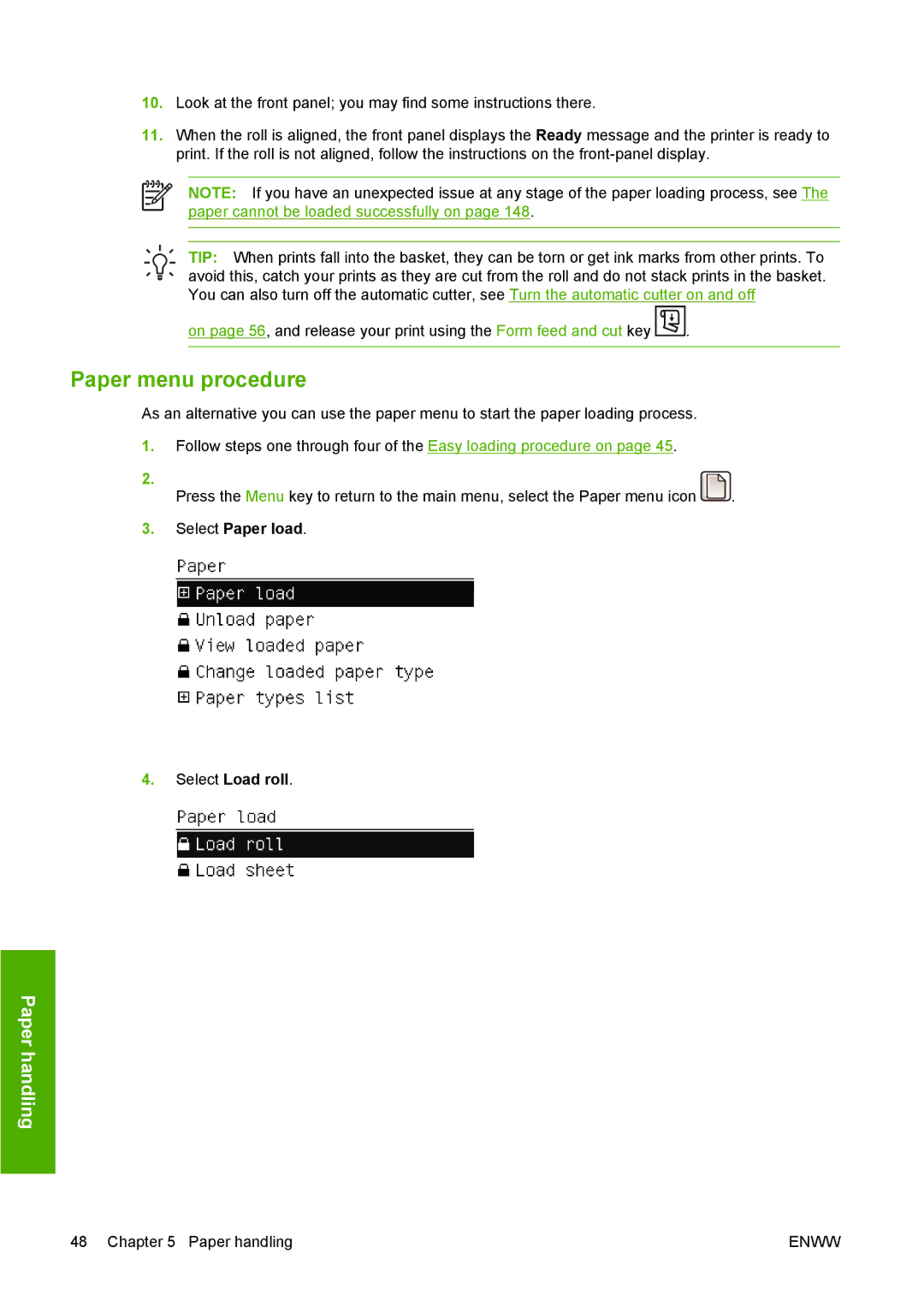 HP T1100 manual Paper menu procedure 