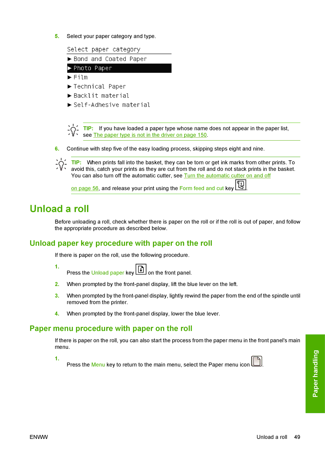 HP T1100 Unload a roll, Unload paper key procedure with paper on the roll, Paper menu procedure with paper on the roll 