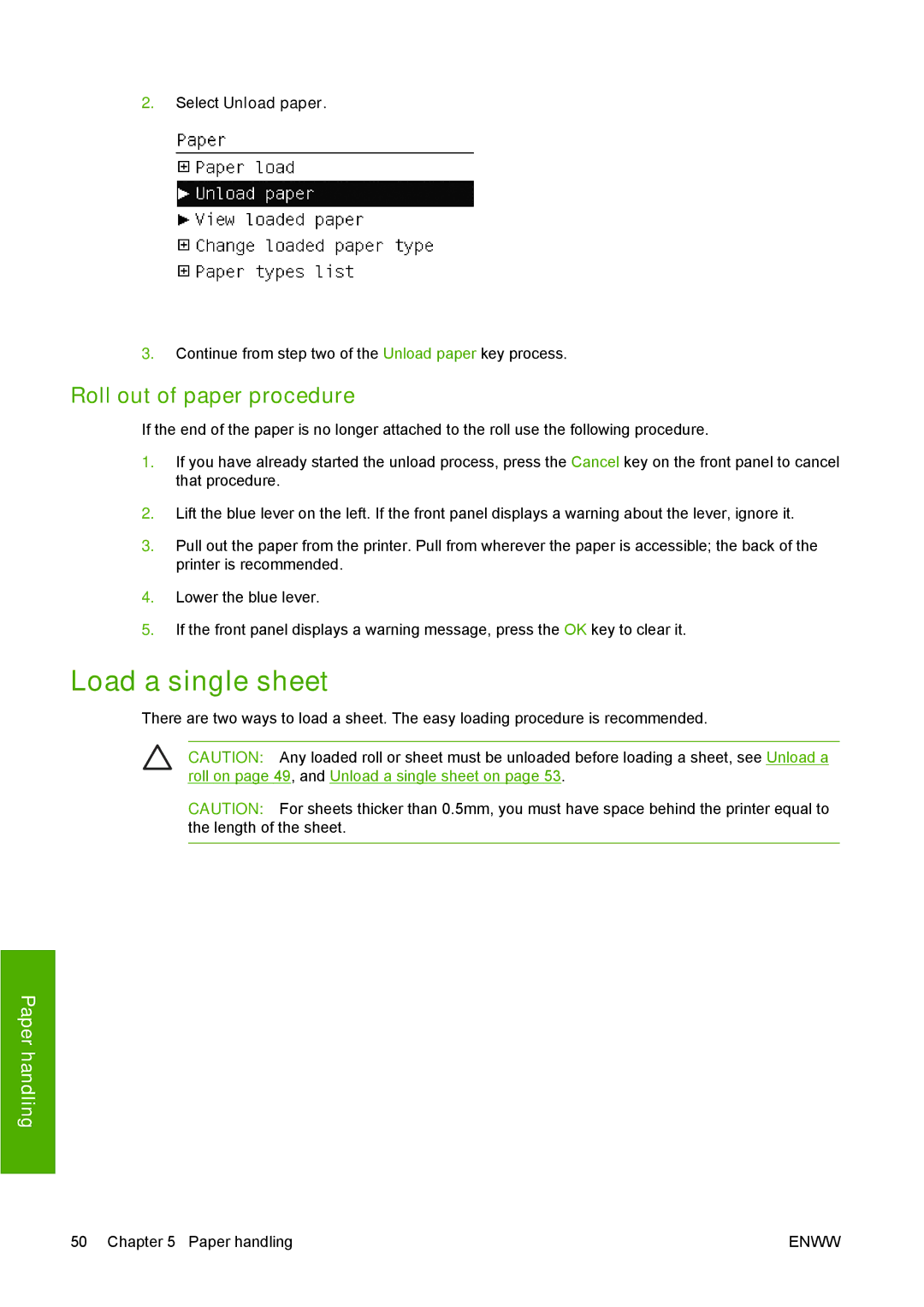 HP T1100 manual Load a single sheet, Roll out of paper procedure 