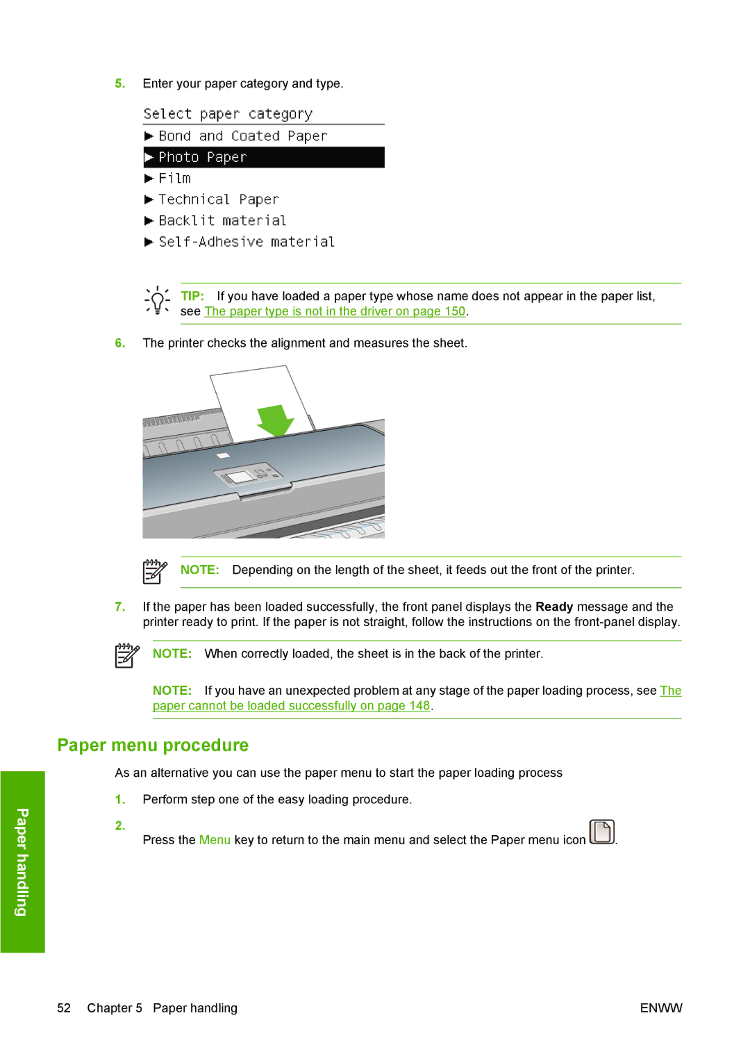 HP T1100 manual Paper menu procedure 