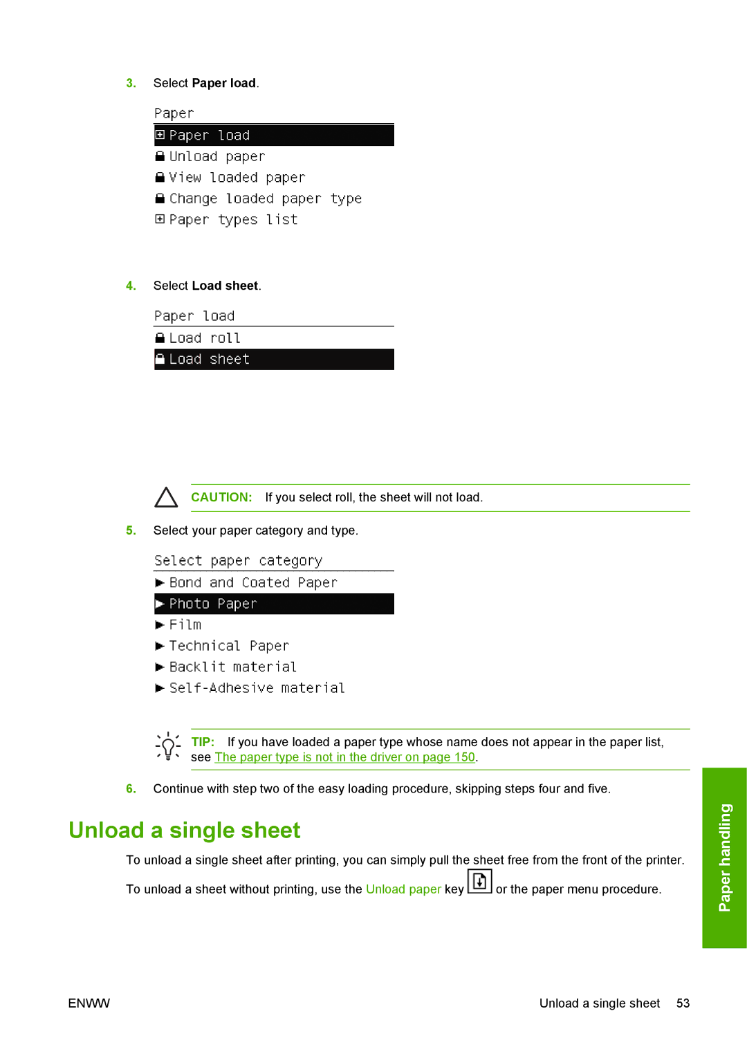 HP T1100 manual Unload a single sheet, Select Paper load Select Load sheet 