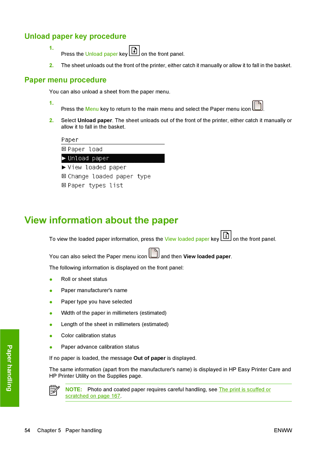 HP T1100 manual View information about the paper, Unload paper key procedure 