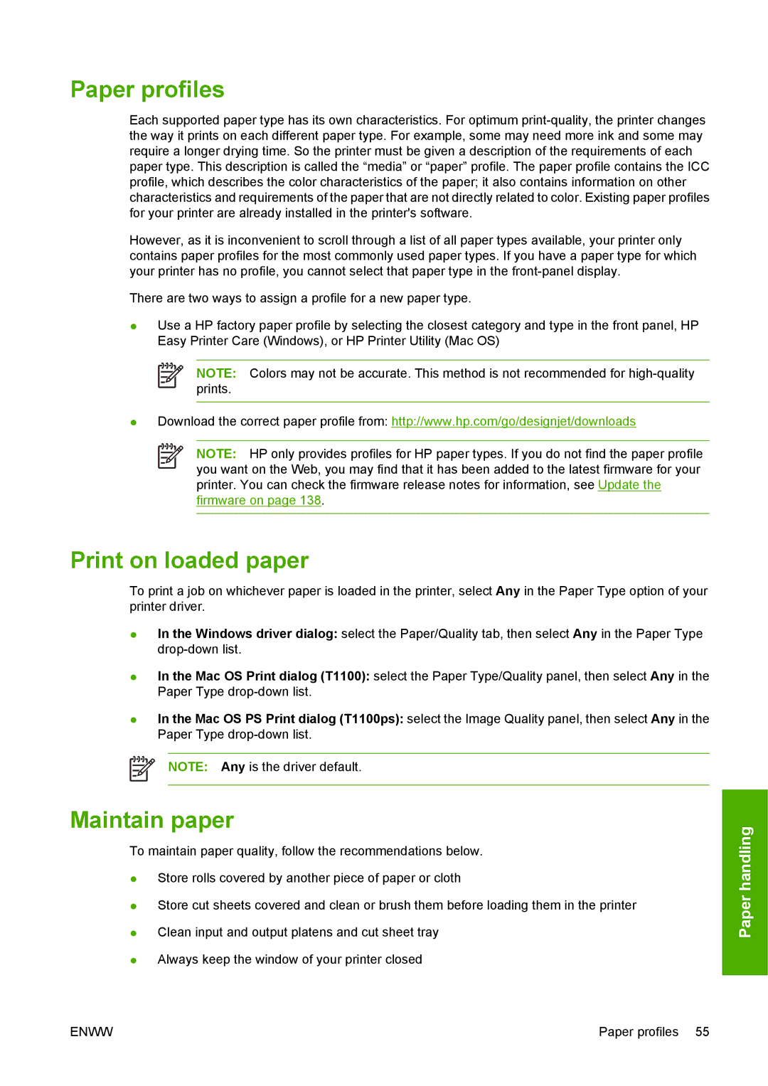 HP T1100 manual Paper profiles, Print on loaded paper, Maintain paper 