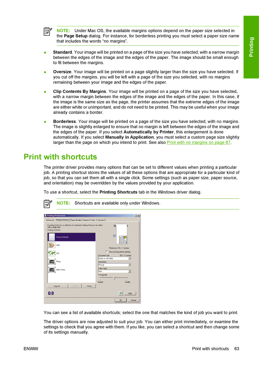 HP T1100 manual Print with shortcuts 