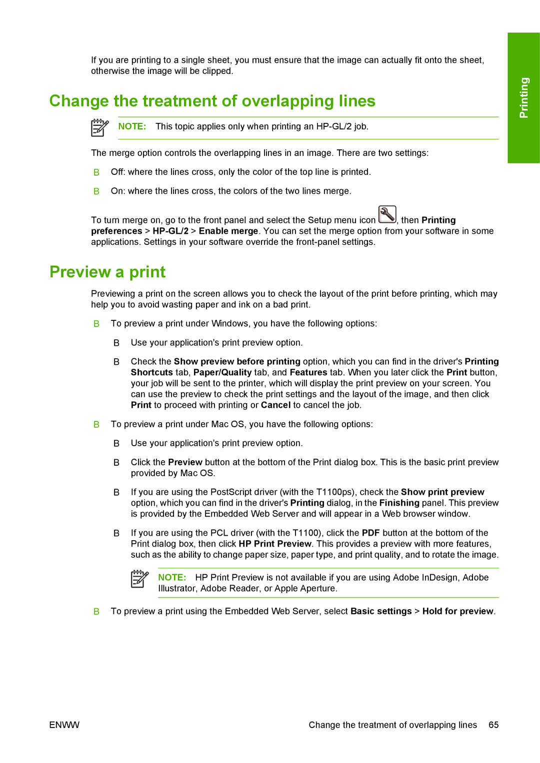 HP T1100 manual Change the treatment of overlapping lines, Preview a print 