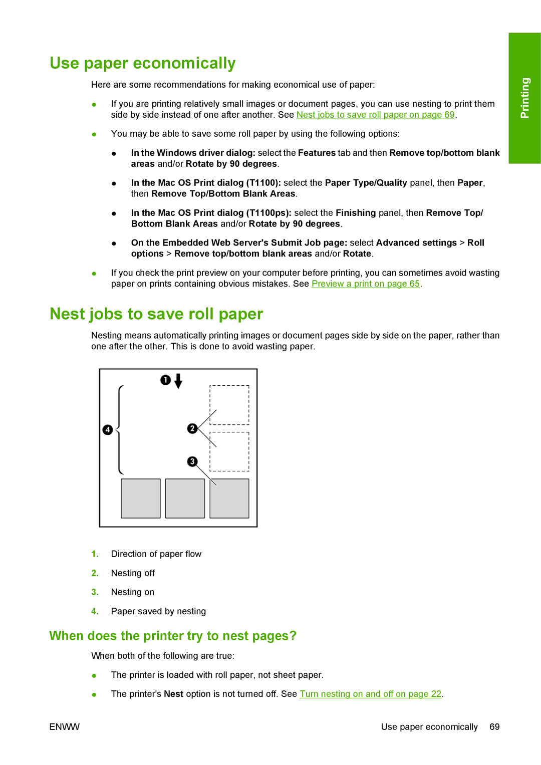 HP T1100 manual Use paper economically, Nest jobs to save roll paper, When does the printer try to nest pages? 