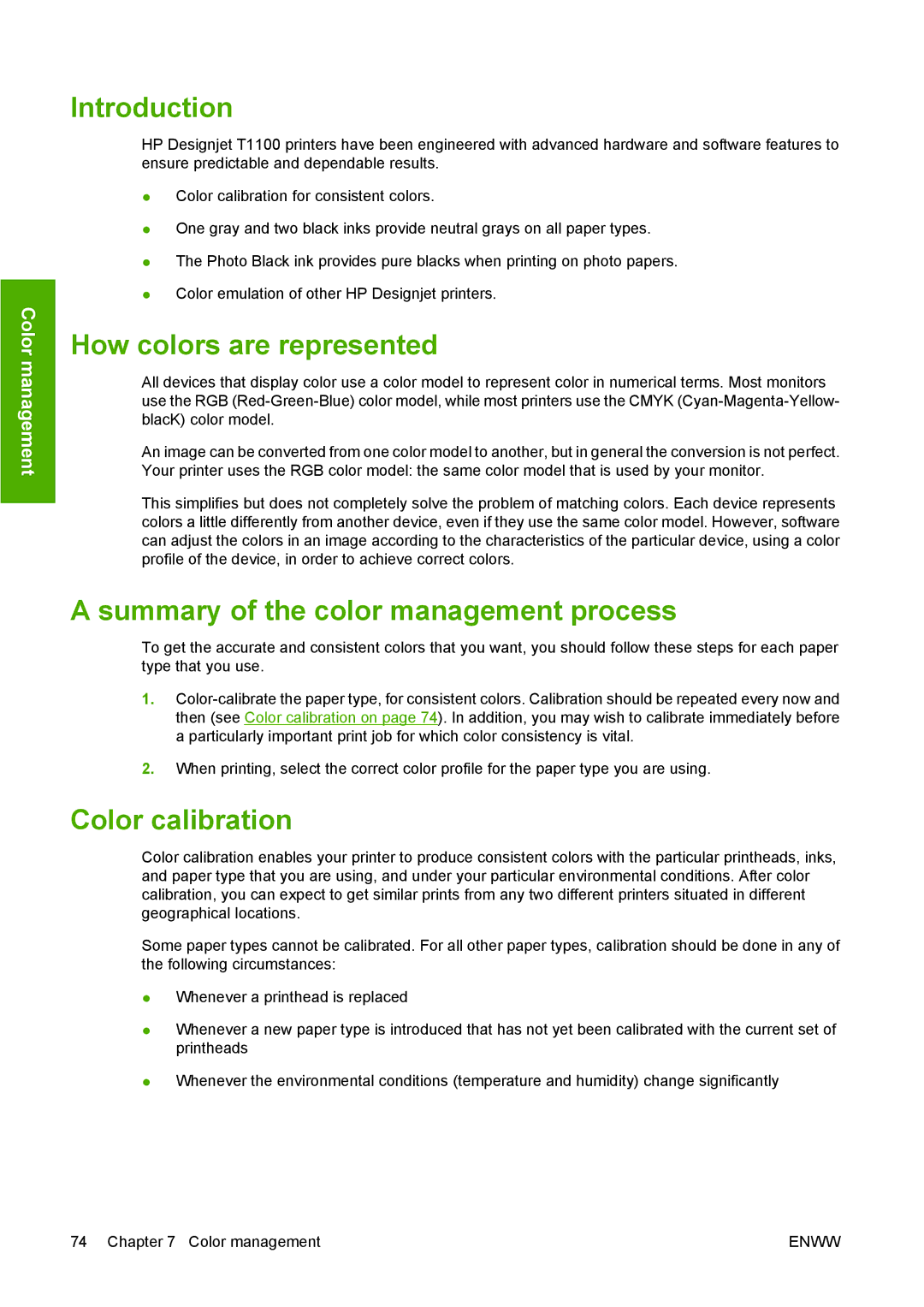 HP T1100 manual How colors are represented, Summary of the color management process, Color calibration 