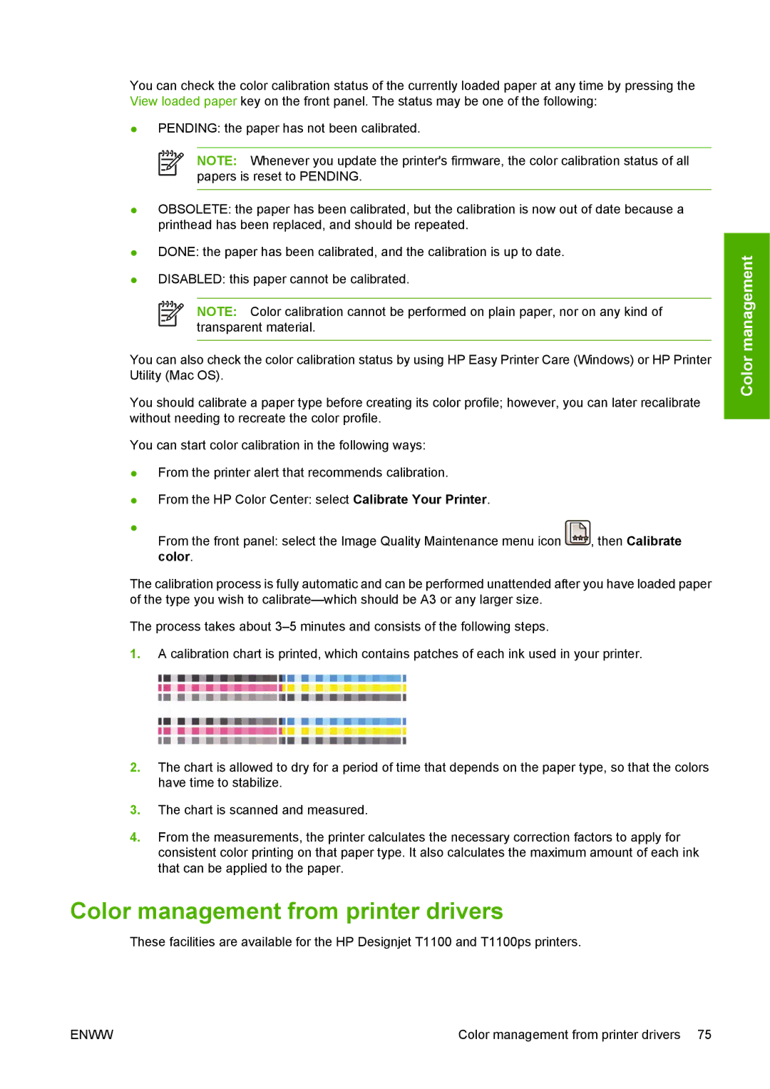 HP T1100 manual Color management from printer drivers 