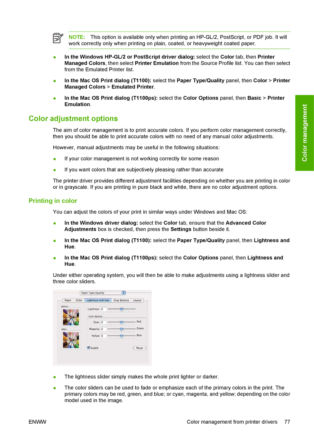 HP T1100 manual Color adjustment options, Printing in color 