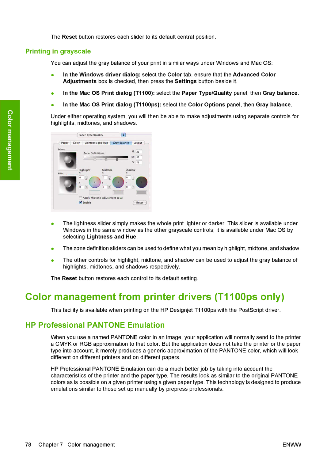 HP manual Color management from printer drivers T1100ps only, HP Professional Pantone Emulation 