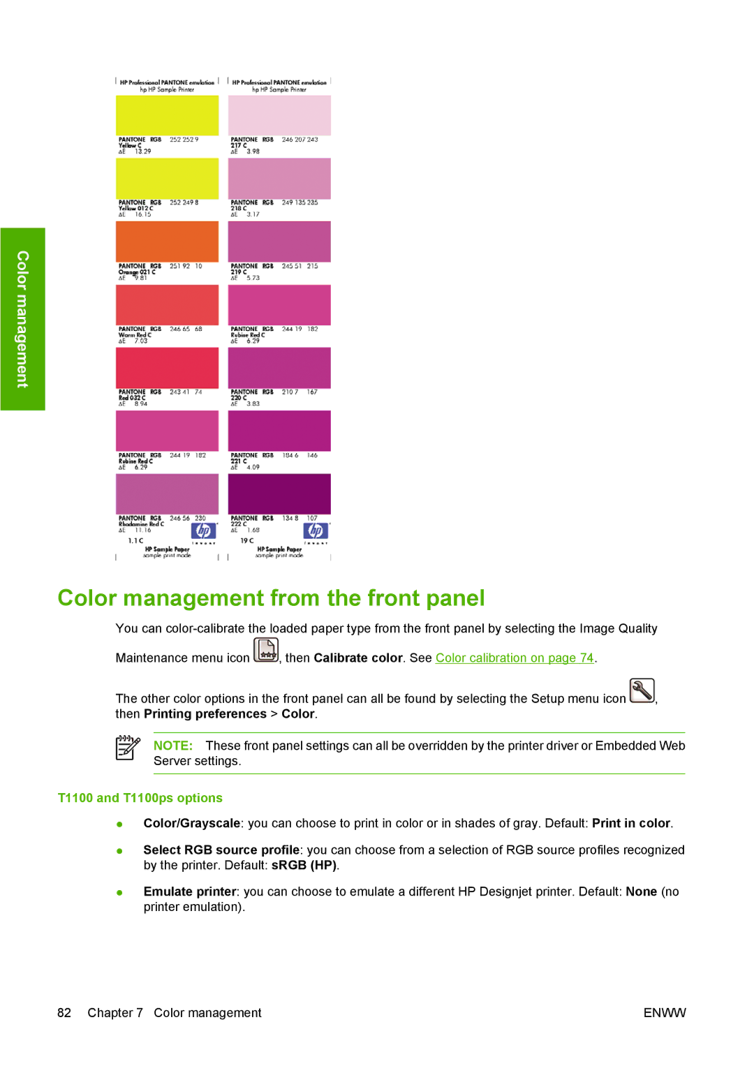 HP T1100 manual Color management from the front panel 