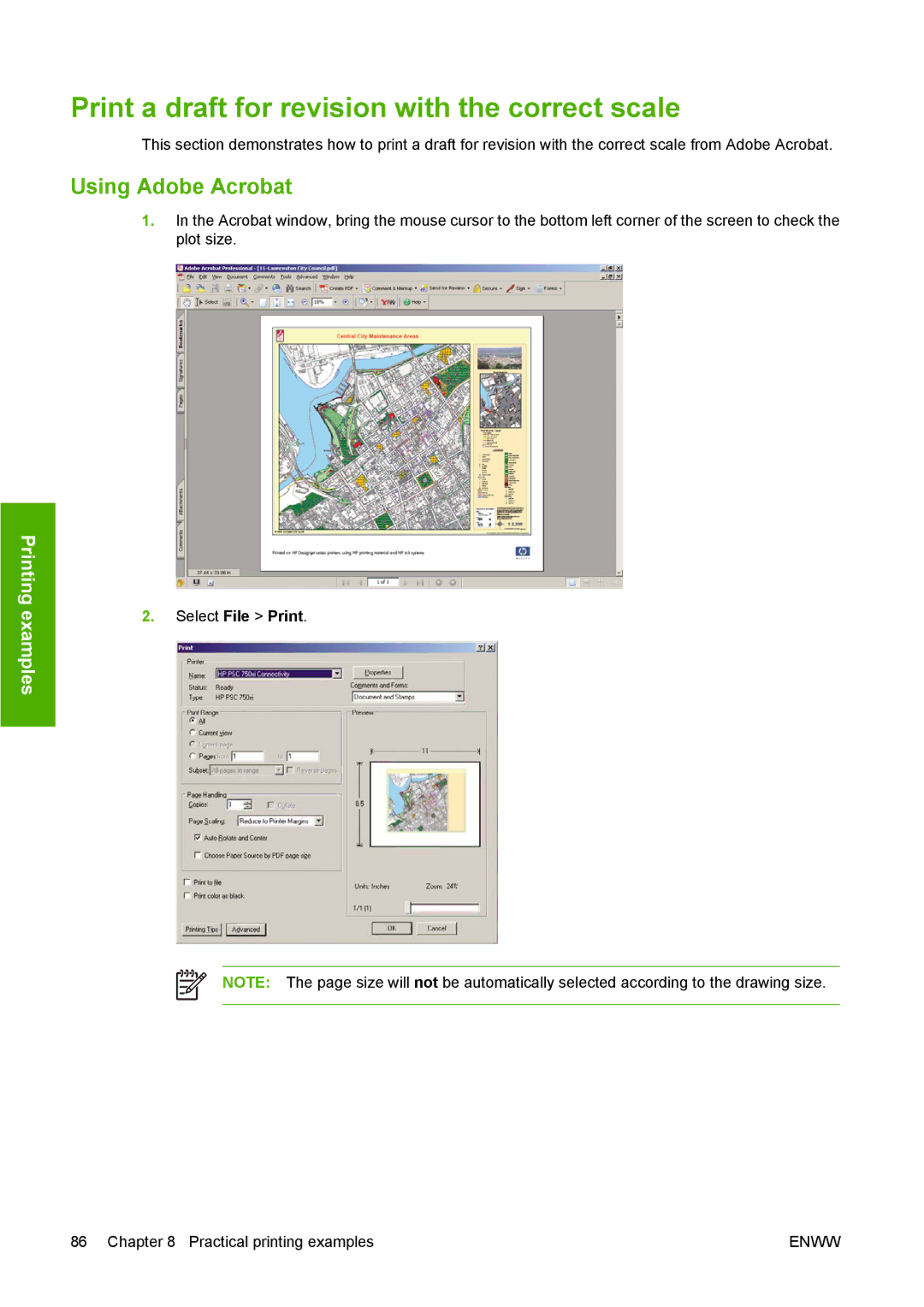 HP T1100 manual Print a draft for revision with the correct scale, Using Adobe Acrobat 