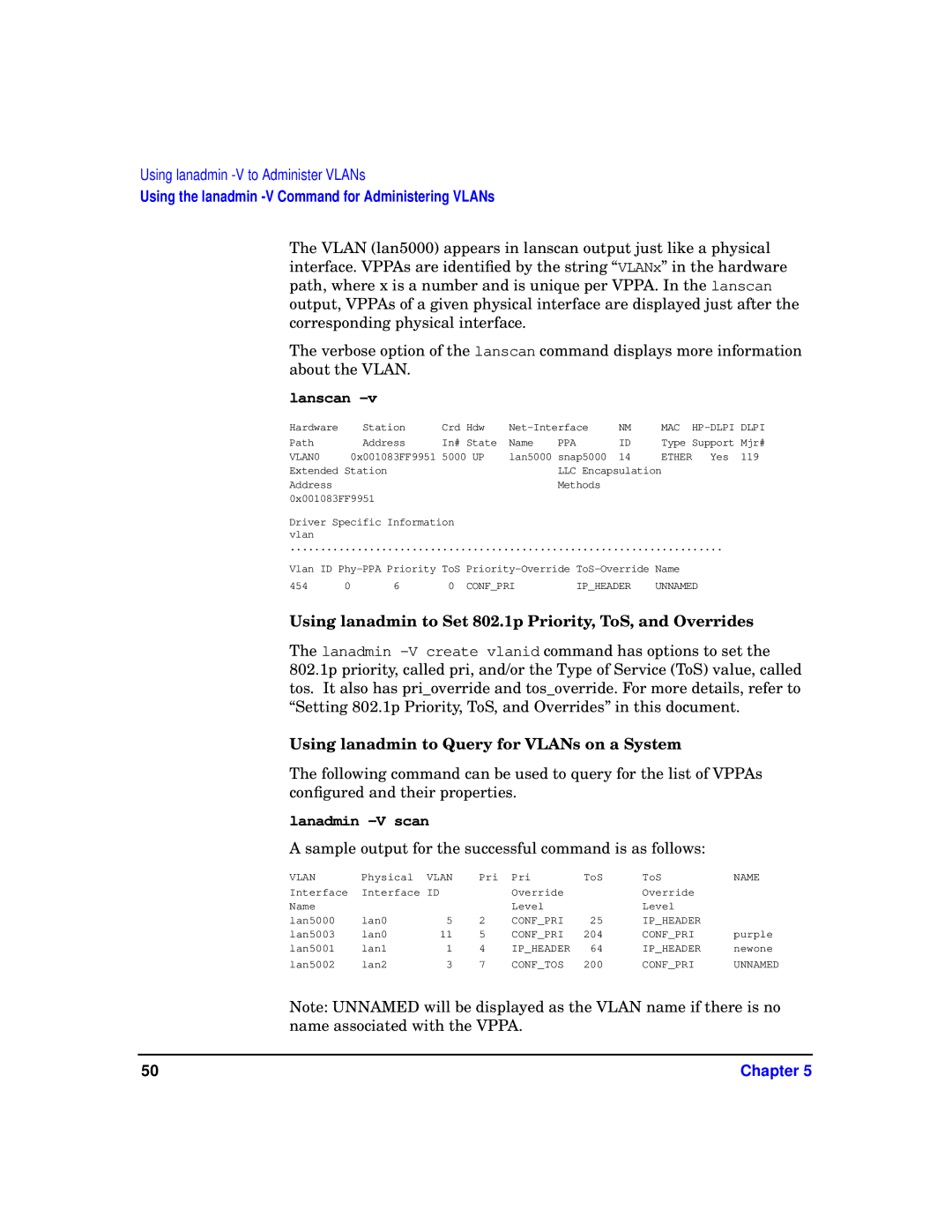 HP T1453-90001 Using lanadmin to Set 802.1p Priority, ToS, and Overrides, Using lanadmin to Query for VLANs on a System 