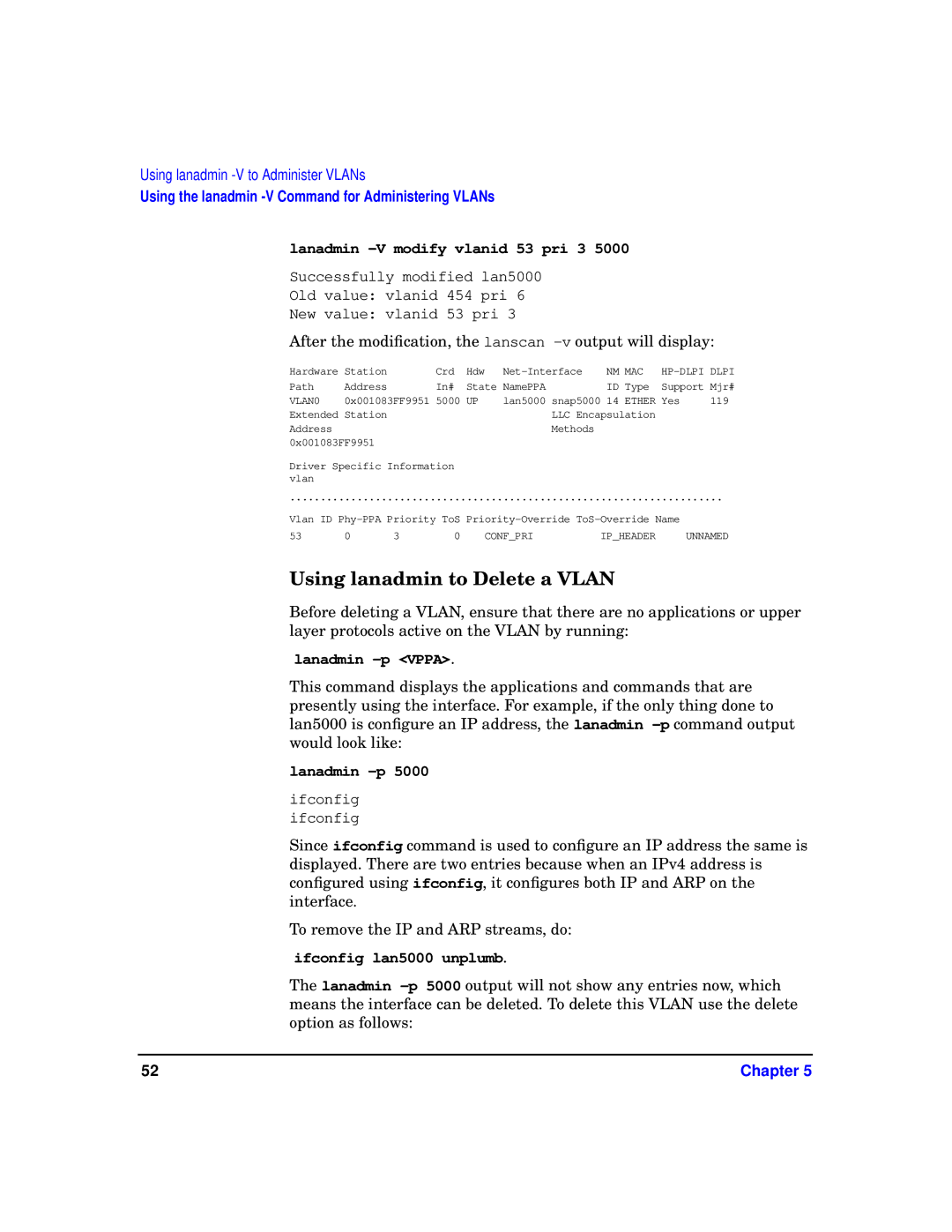 HP T1453-90001 manual Using lanadmin to Delete a Vlan, Lanadmin -V modify vlanid 53 pri 3 