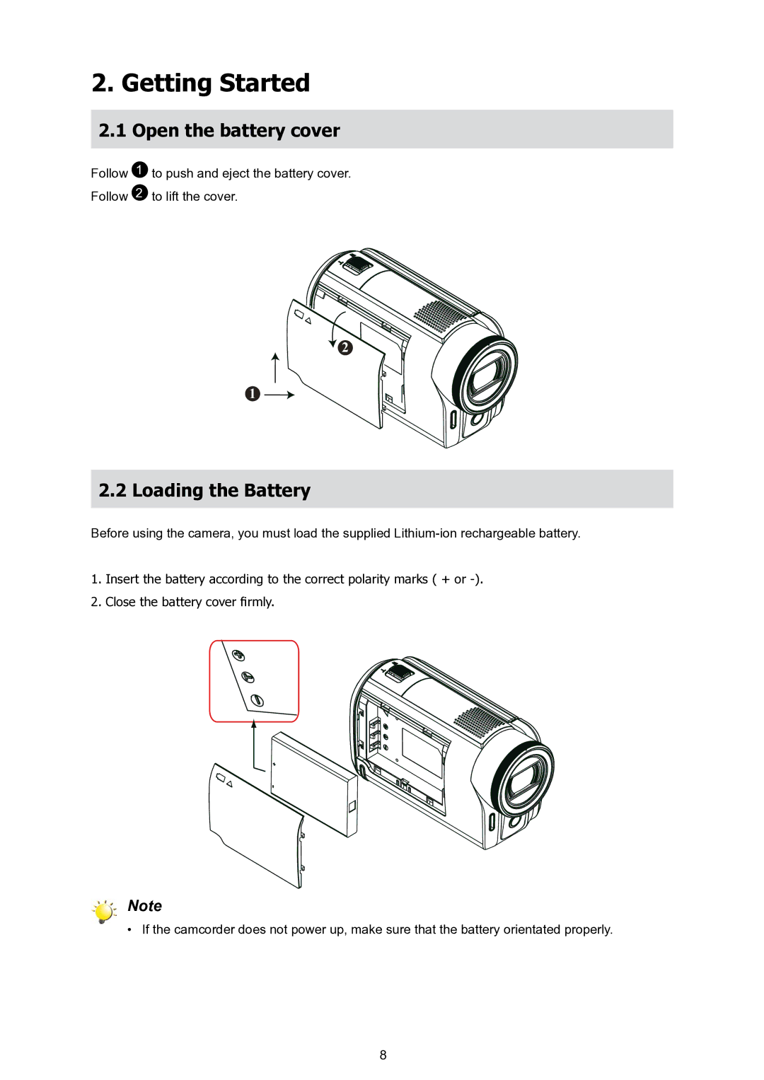 HP T200 manual Getting Started, Open the battery cover, Loading the Battery 