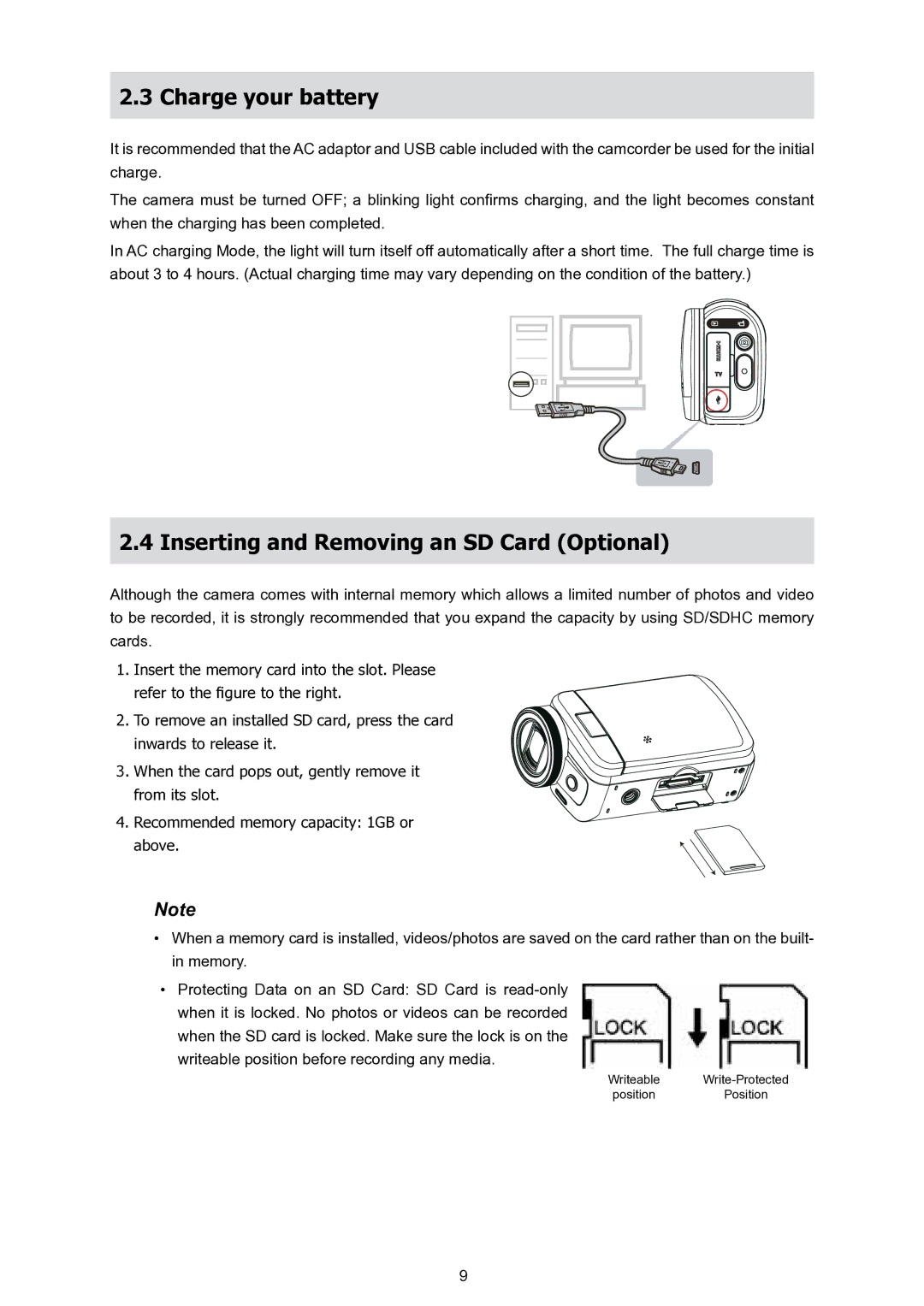 HP T200 manual Charge your battery, Inserting and Removing an SD Card Optional 