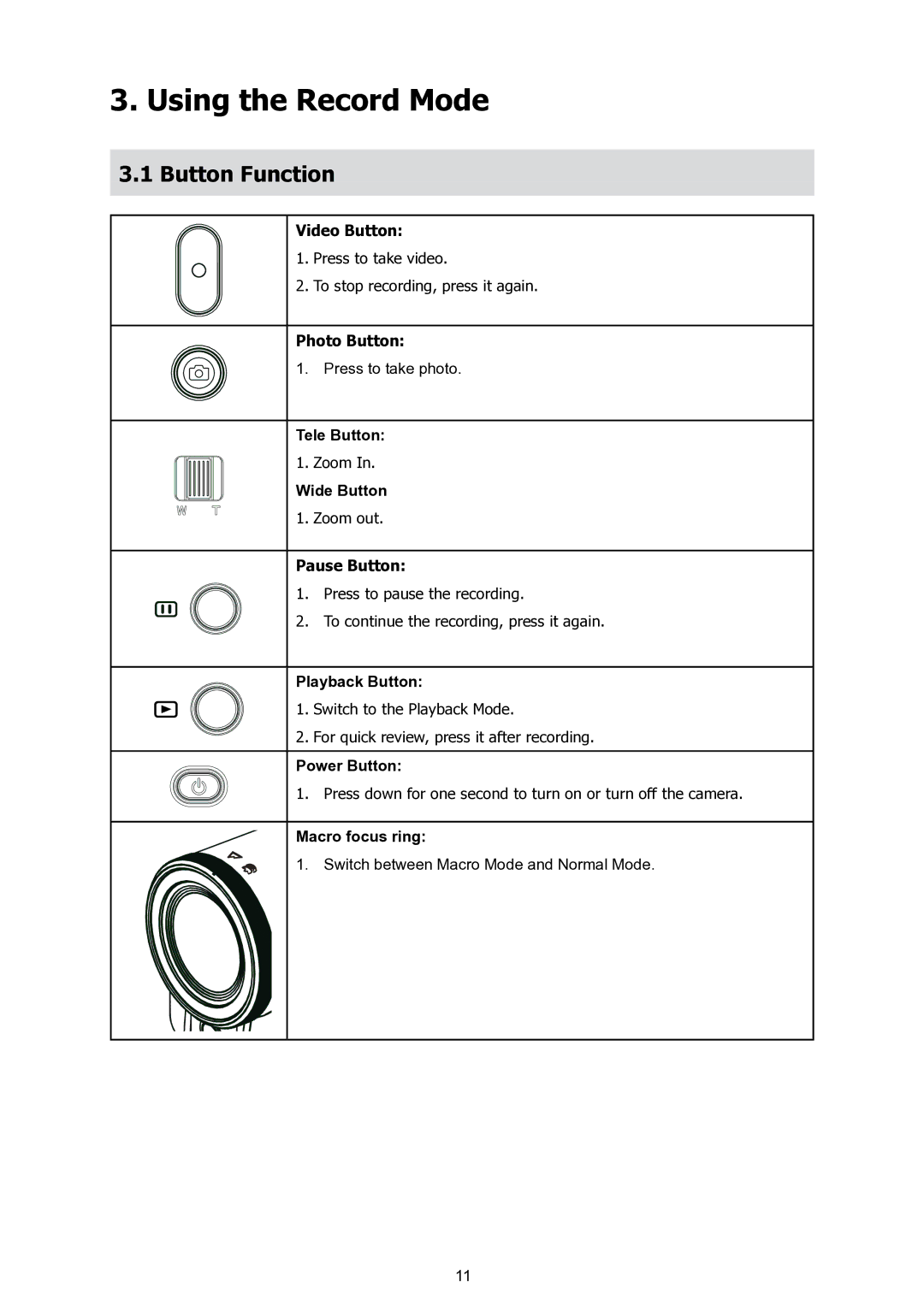 HP T200 manual Using the Record Mode, Button Function, Video Button, Photo Button, Pause Button 