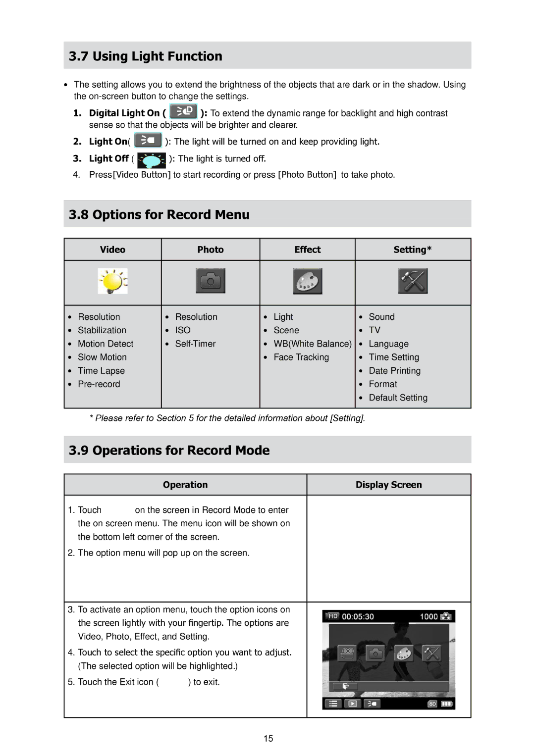 HP T200 manual Using Light Function, Options for Record Menu, Operations for Record Mode, Video Photo Effect Setting 