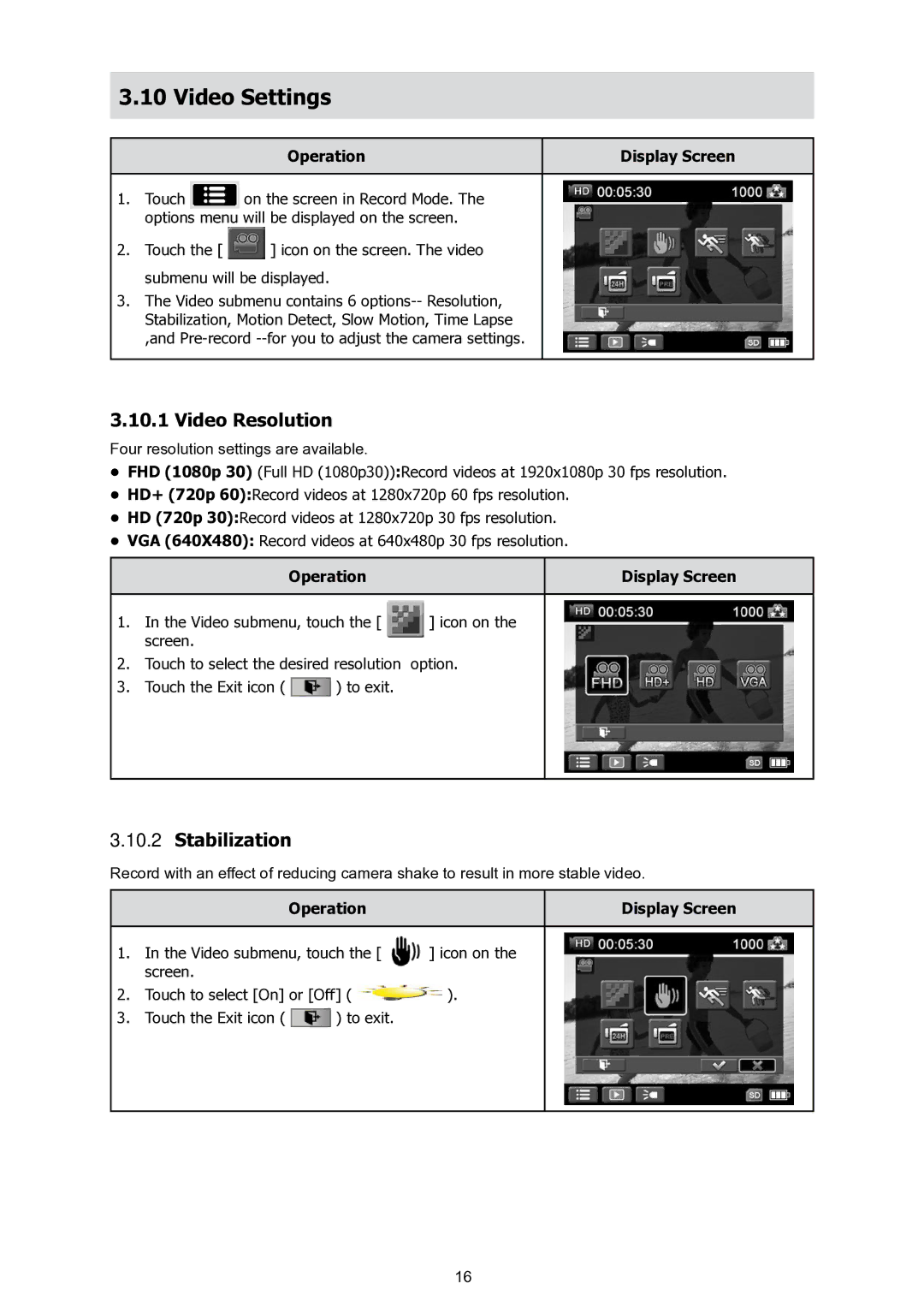 HP T200 manual Video Settings, Video Resolution, Stabilization 