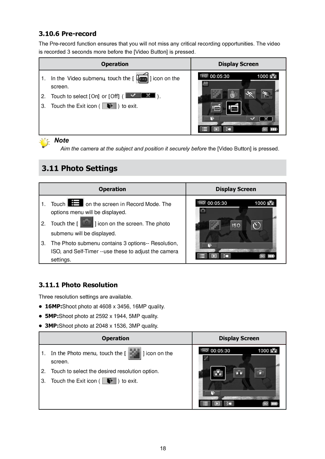 HP T200 manual Photo Settings, Pre-record, Photo Resolution 