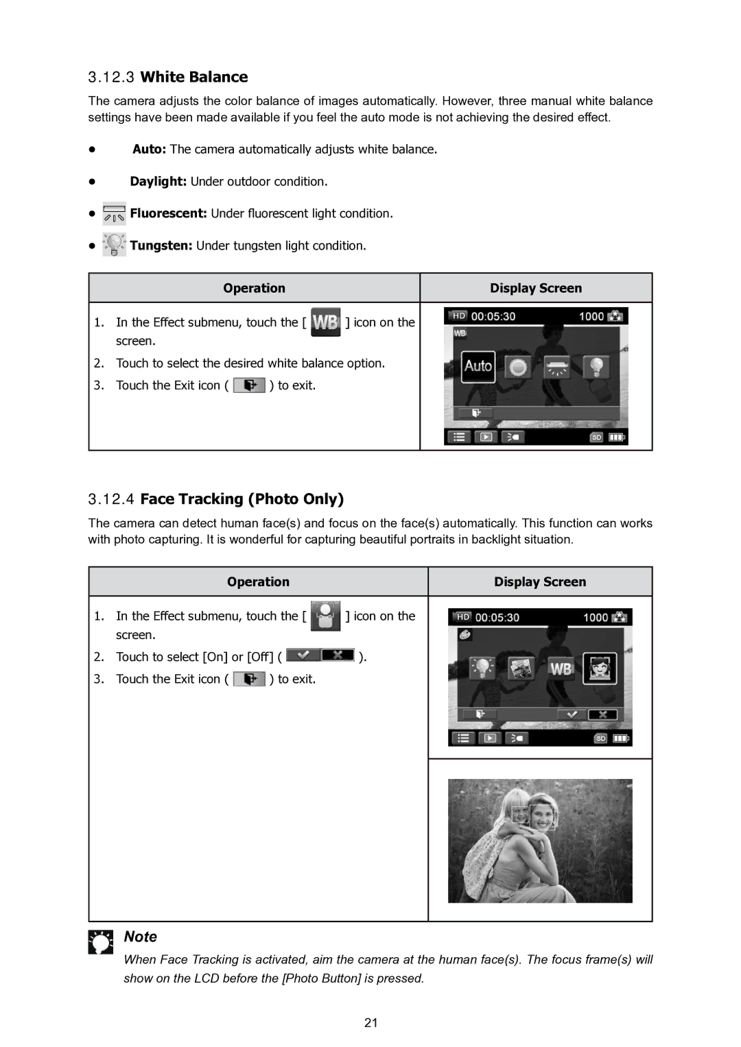 HP T200 manual White Balance, Face Tracking Photo Only 