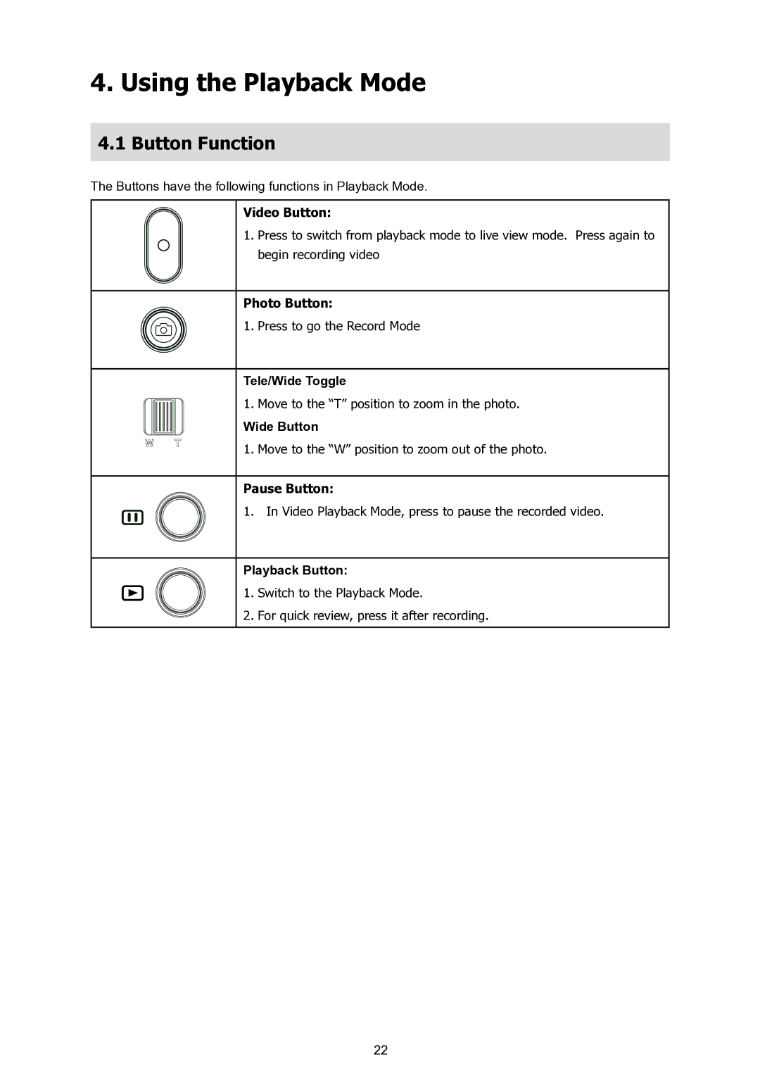 HP T200 manual Using the Playback Mode, Button Function 