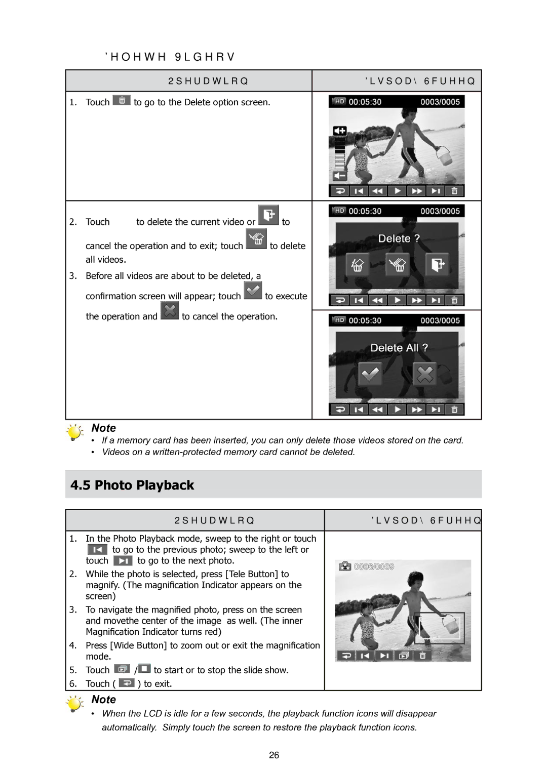 HP T200 manual Photo Playback, Delete Videos 