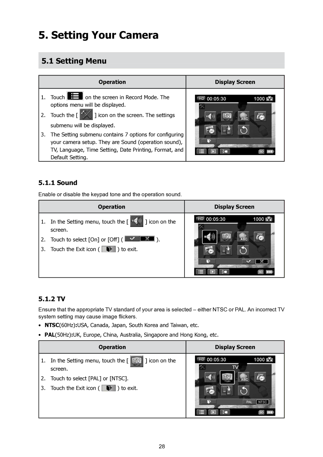 HP T200 manual Setting Your Camera, Setting Menu, Sound, 2 TV 